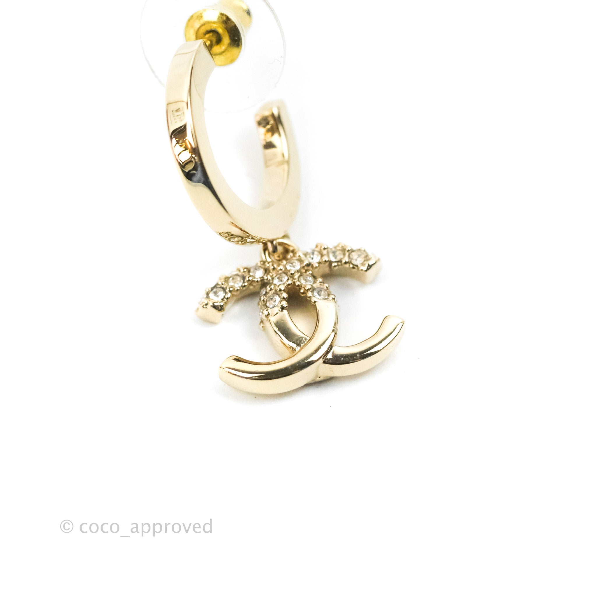 Chanel CC Crystal Hoop Earrings 22K Gold Tone Luxury Fashion Jewelry - Perfect for Parties, Weddings & Special Occasions