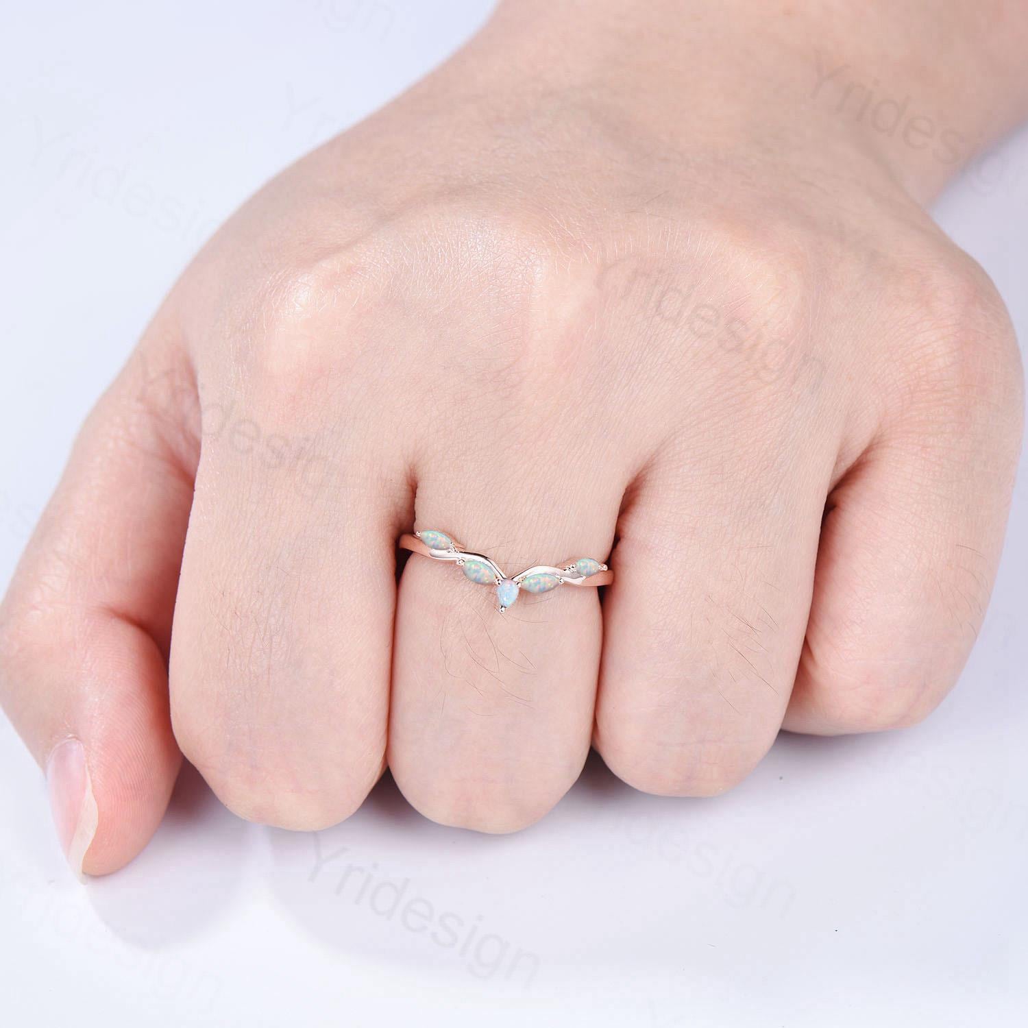 14K Rose Gold Pear & Marquise Opal Wedding Band - October Birthstone Stackable Ring for Women, Snowdrift White Opal Anniversary Gift for Her, Perfect for Stacking, Bridal Sets & Special Occasions