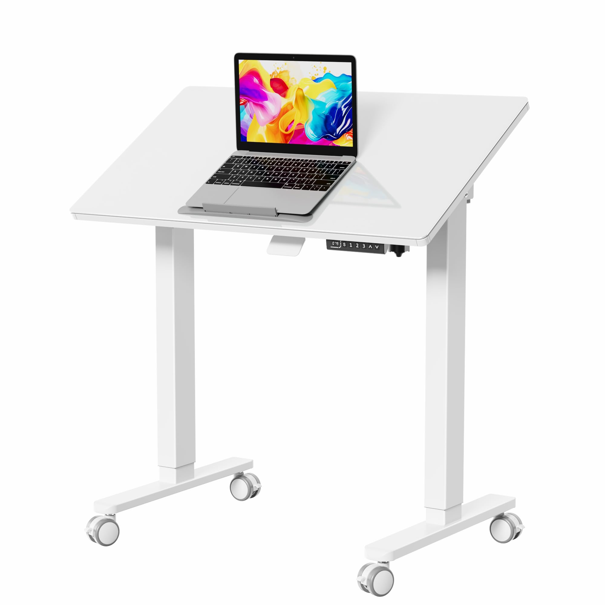 35 Inch Adjustable Height Glass Standing Desk with Wheels - 90° Tiltable Mobile Workstation for Home & Office - Foldable Rolling Sit Stand Desk for Laptop, Computer & Workspace - White