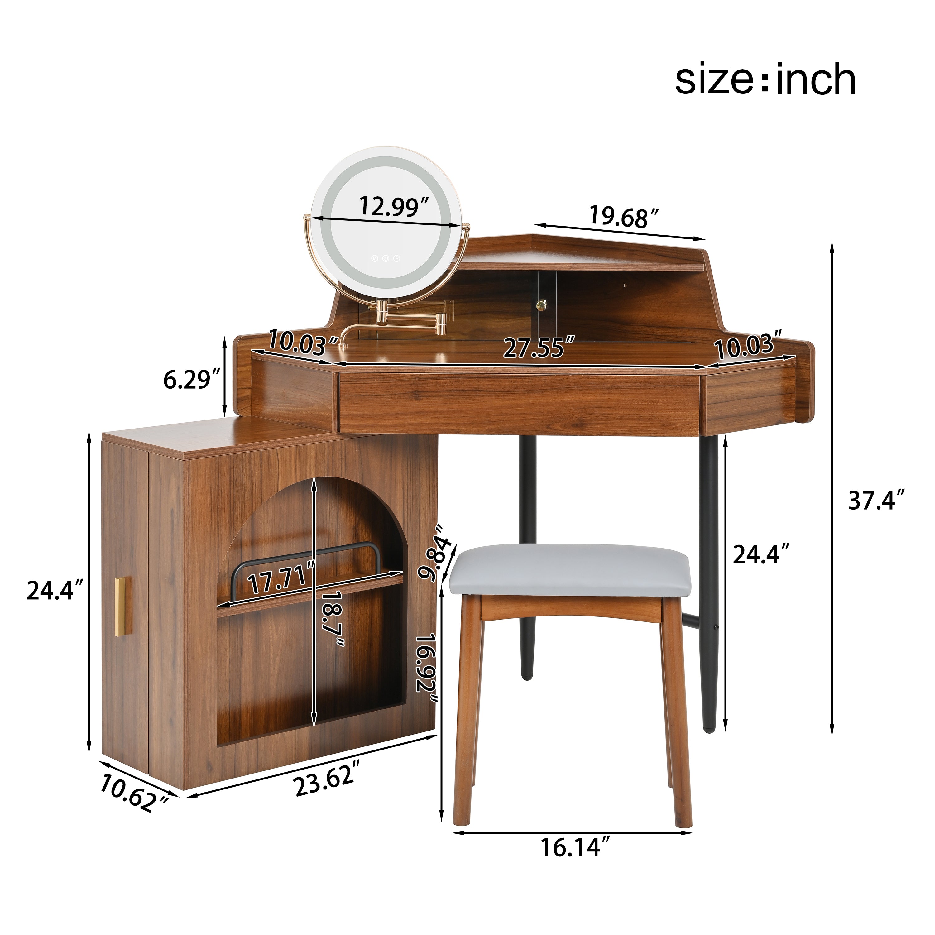 Modern Corner Makeup Vanity Desk with LED Lights & Adjustable Mirror - Walnut Dressing Table Set with Stool & Large Storage for Small Spaces | Perfect for Bedroom, Apartment & Studio Makeup Organization