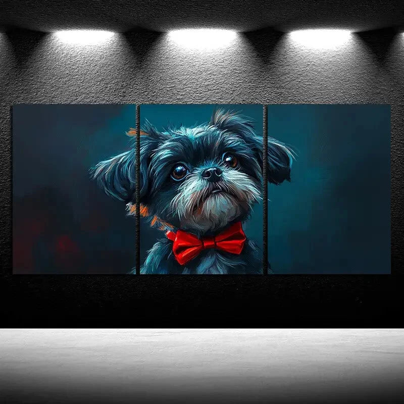 3PCS Dog Wearing Red Bow Tie Metal Wall Art - Ready to Hang Pet Portrait Decor for Living Room, Bedroom & Office