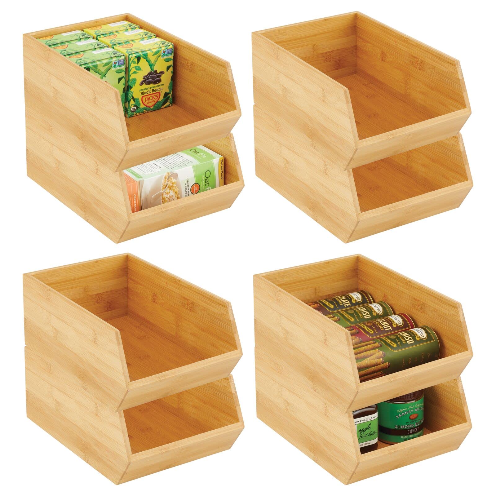 mDesign Bamboo Stackable Food Storage Bins - Open Front Kitchen Cabinet & Pantry Organizer for Snacks, Dry Goods, Spices, Tea - Eco-Friendly Wooden Storage Box Set (8-Pack, Natural) - Perfect for Home, Office & Restaurant Organization