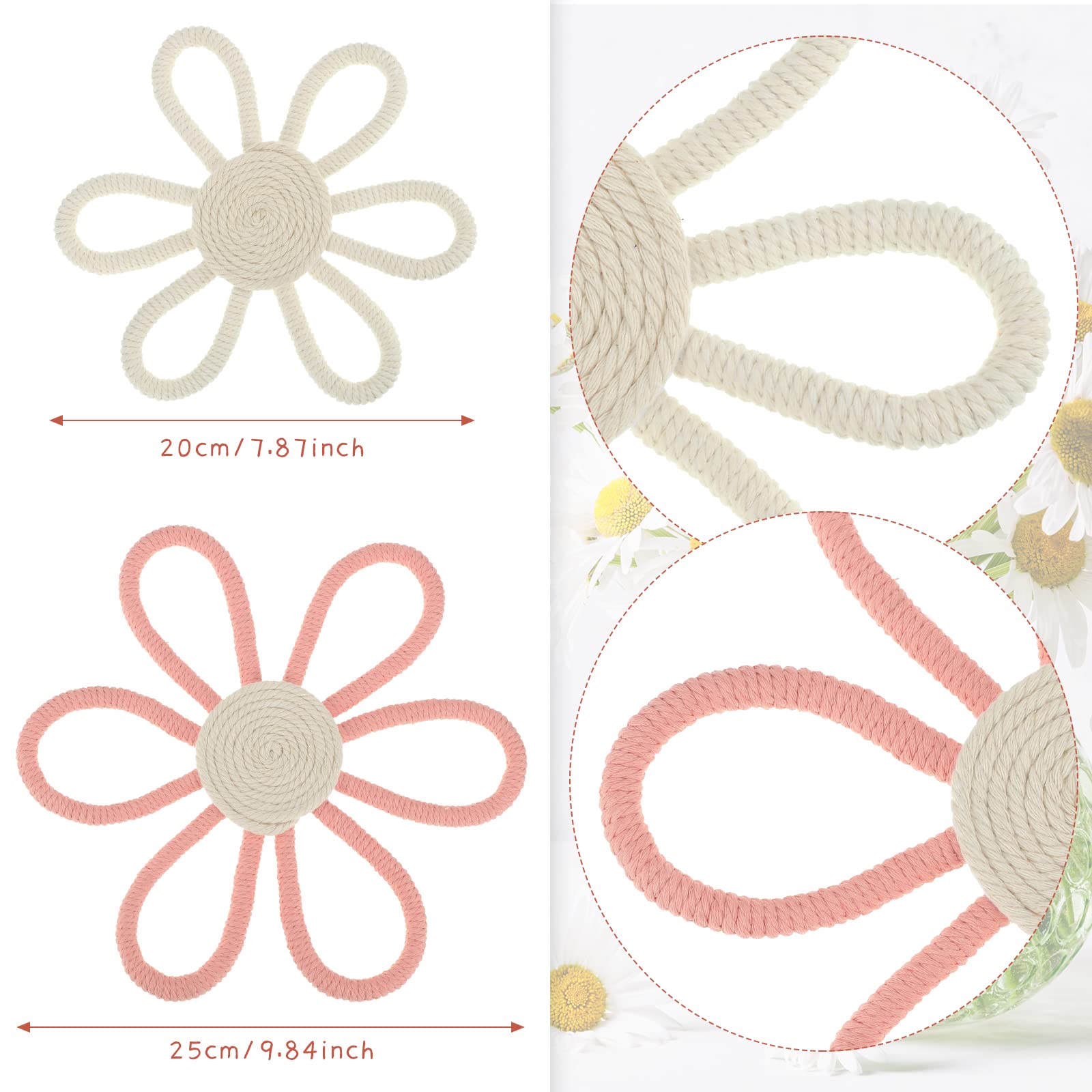 Boho Daisy Flower Woven Macrame Wall Hanging - Nursery Decor for Girls, Baby Room, Kids Dorm - 2 Piece Set in Pink & White - Perfect for Bohemian Home Decor & Baby Shower Gifts