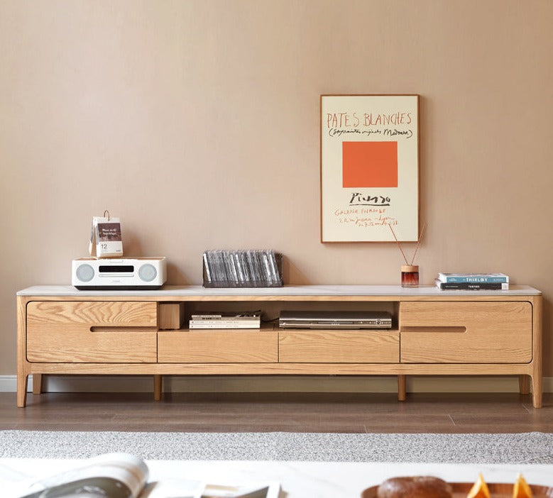 Solid Oak Wood TV Stand with Slate Top - Modern Entertainment Center for Living Room, Bedroom & Home Theater