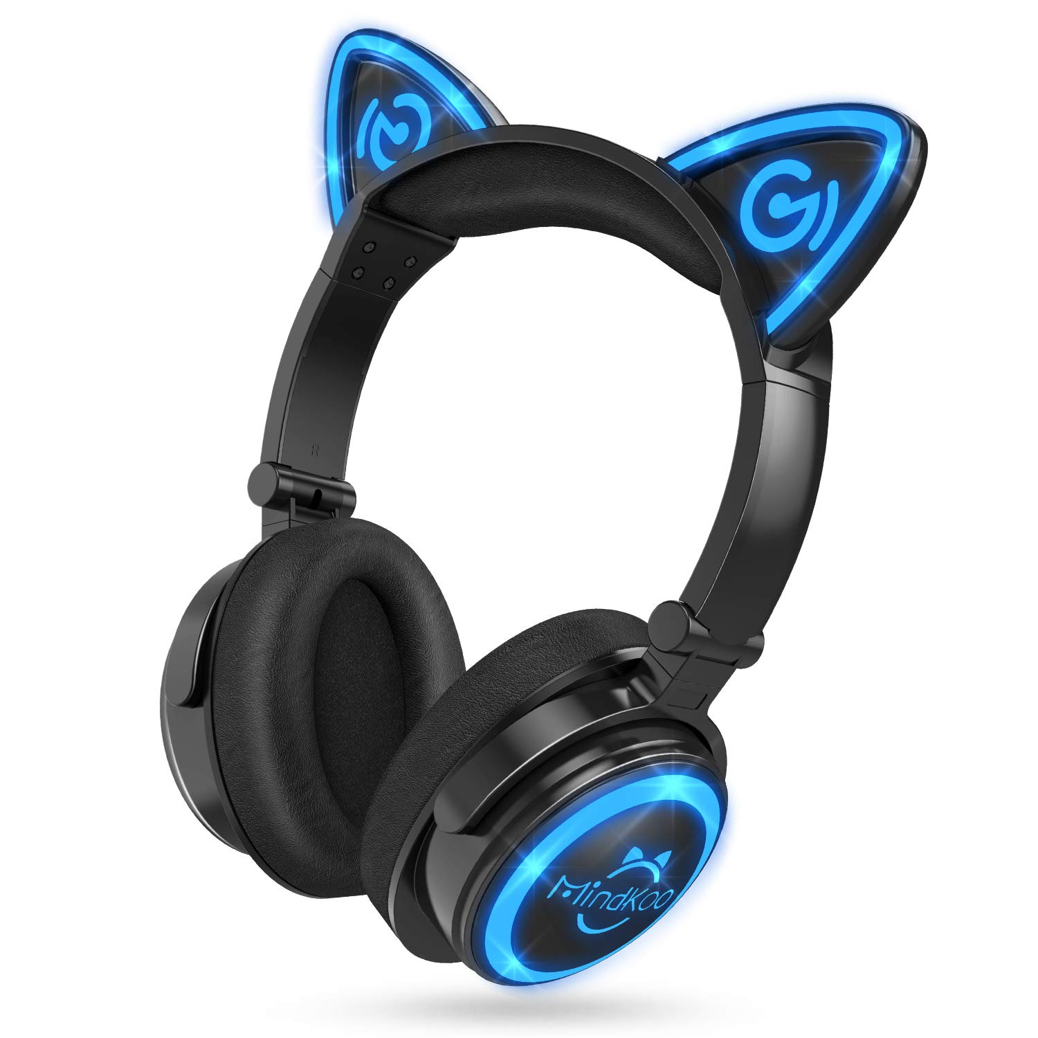 Mindkoo Kids Wireless Bluetooth Headphones with LED Light - Cat Ear Over Ear Headphones, 7 Color Blinking, Foldable Design with Microphone for Children & Adults - Perfect for School, Travel, and Gaming
