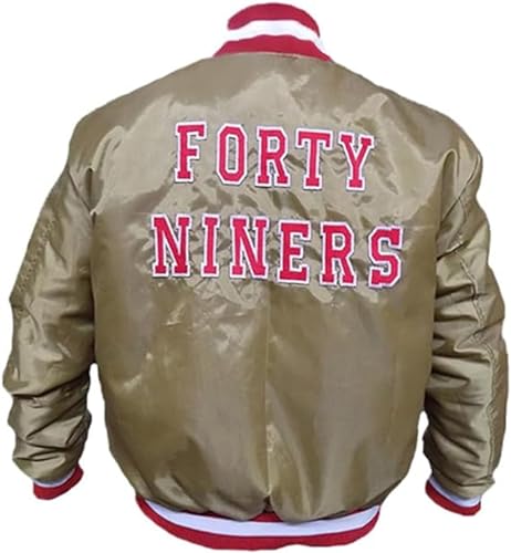 Trending Men's Four-T-9 Satin Varsity Bomber Jacket - Golden Letterman Team Fan Jacket for Casual Wear & Sports Events