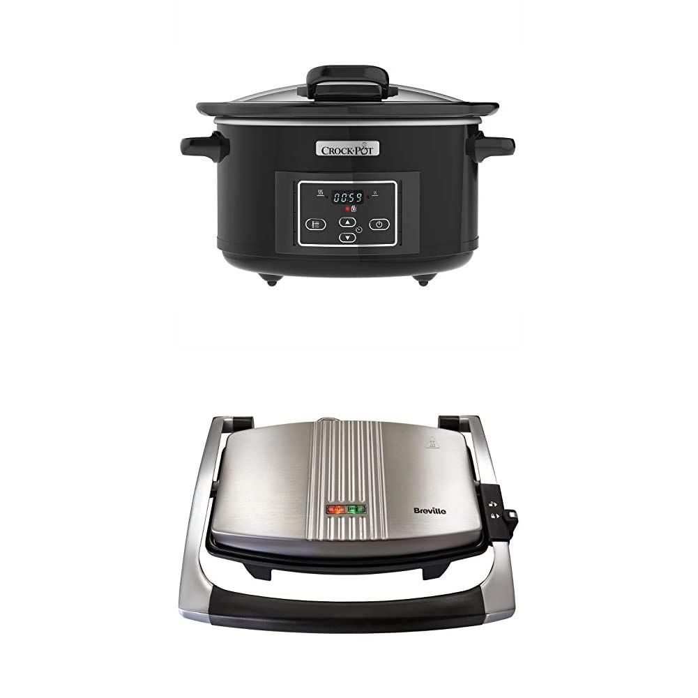 Breville 3-Slice Sandwich Maker & Panini Press with Digital Slow Cooker - 4.7L Capacity, Hinged Lid & Programmable Timer for Perfect Grilled Cheese, Toasties & Family Meals | Ideal for Home Kitchens, Dorms & Office Lunches