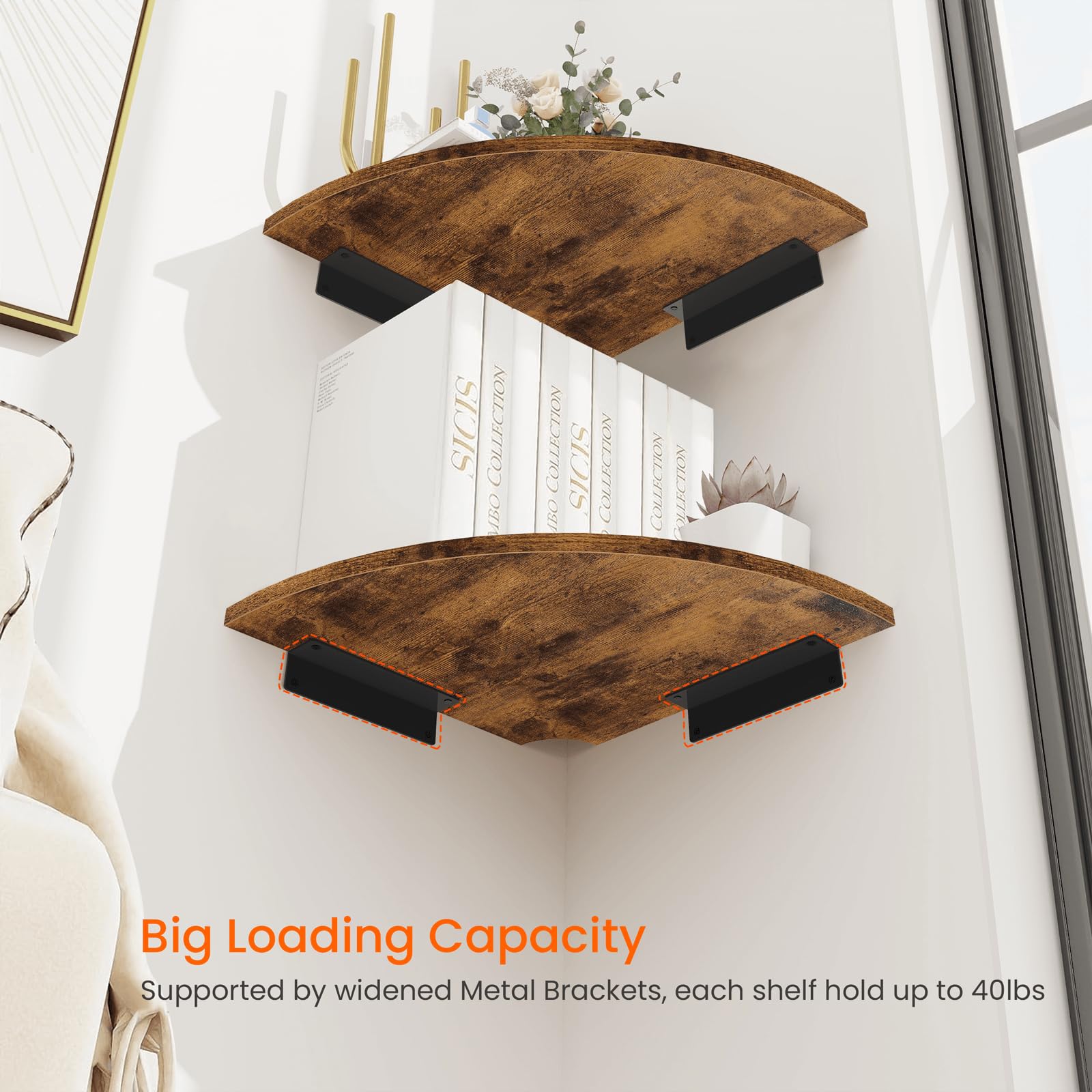Homode 12 Inch Wood Floating Corner Shelves Set of 2 - Wall Mount Corner Shelf with Cord Hole, Rustic Brown - Perfect for Bathroom Storage, Bedroom Decor & Kitchen Organization