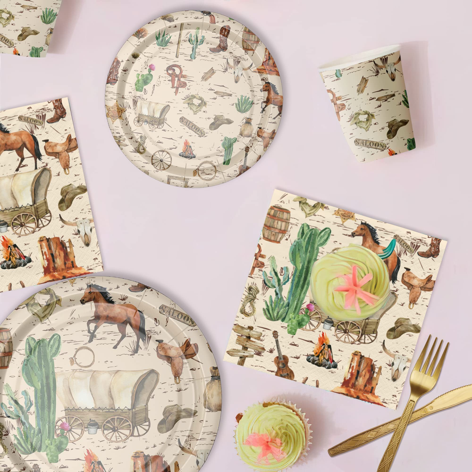 Western Cowboy Party Decorations & Tableware Set - Wild West Birthday, Baby Shower & Rodeo Party Supplies (Plates, Cups, Napkins, Tablecloth, Cutlery, Straws) | 24-Piece Dinnerware for Western Themed Events, Cowboy BBQs & Ranch Parties