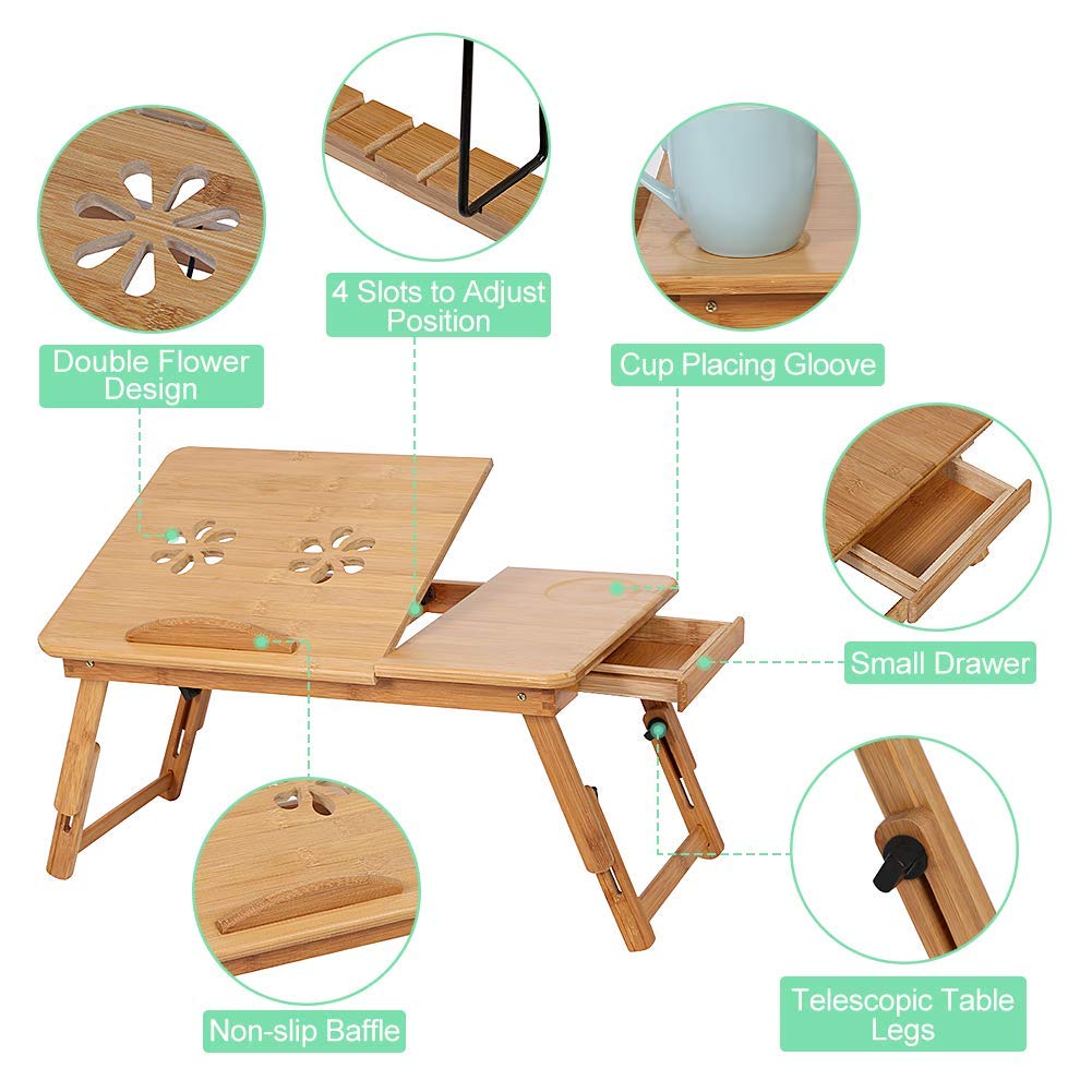 Adjustable Bamboo Laptop Desk with Drawer - Portable Bed Tray Stand for Home Office & Dorm - Perfect for Working, Studying, Drawing & Eating in Bed or on Sofa