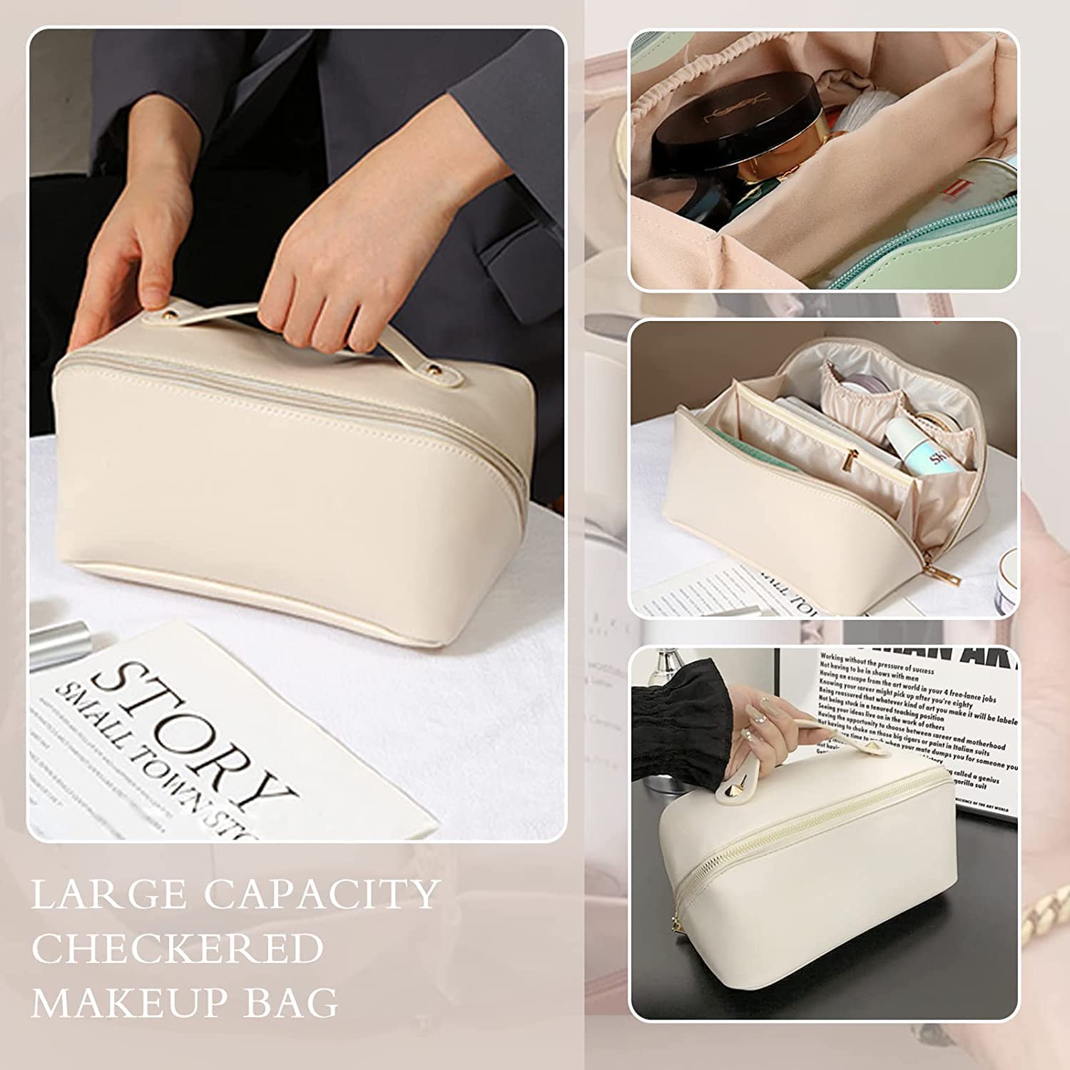 VYATIRANG Leather Makeup Bag for Women & Girls - Travel Cosmetic Organizer with Wide Opening, Handle & Divider - Perfect for Travel, Home Storage & Gift (White)