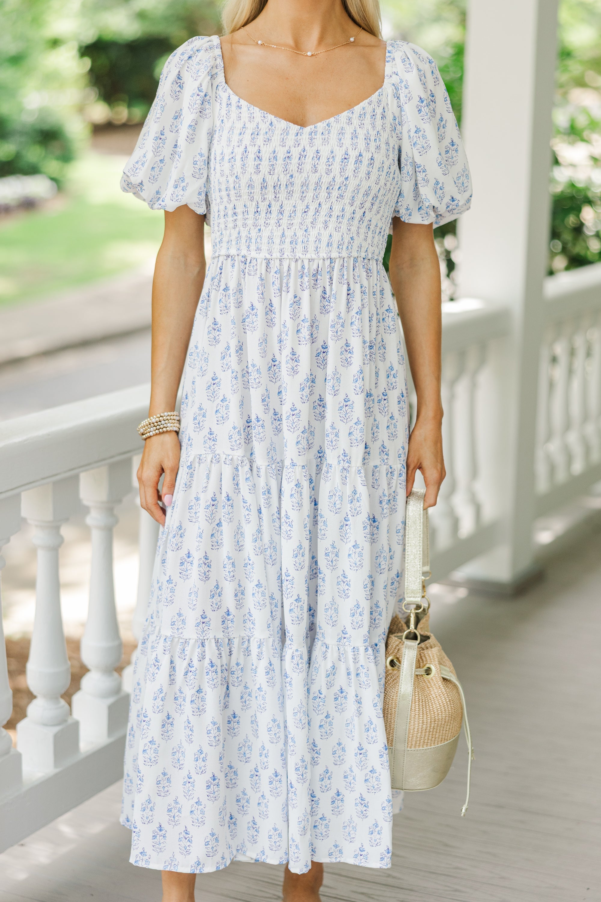 Garden Stroll Blue Floral Medallion Midi Dress - Women's Summer Boho Maxi Dress with Pockets | Perfect for Beach Vacations, Date Nights & Outdoor Weddings