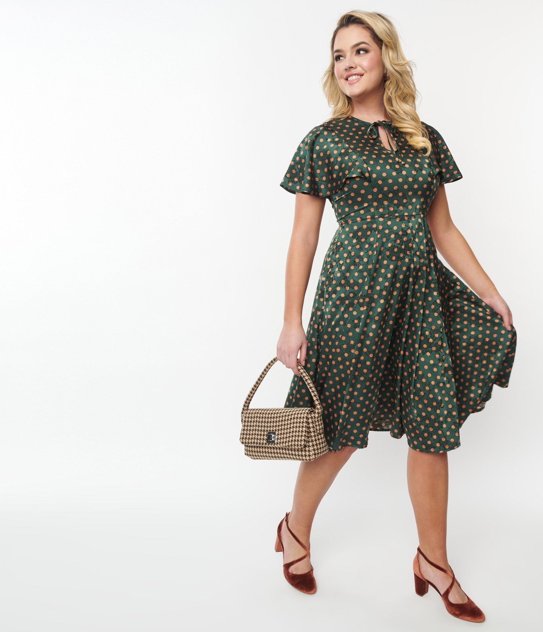 Vintage 1940s Hunter Green & Rust Polka Dot Swing Dress - Retro Tea Length Dress for Women, Perfect for Swing Dancing, Cocktail Parties & Vintage Themed Events