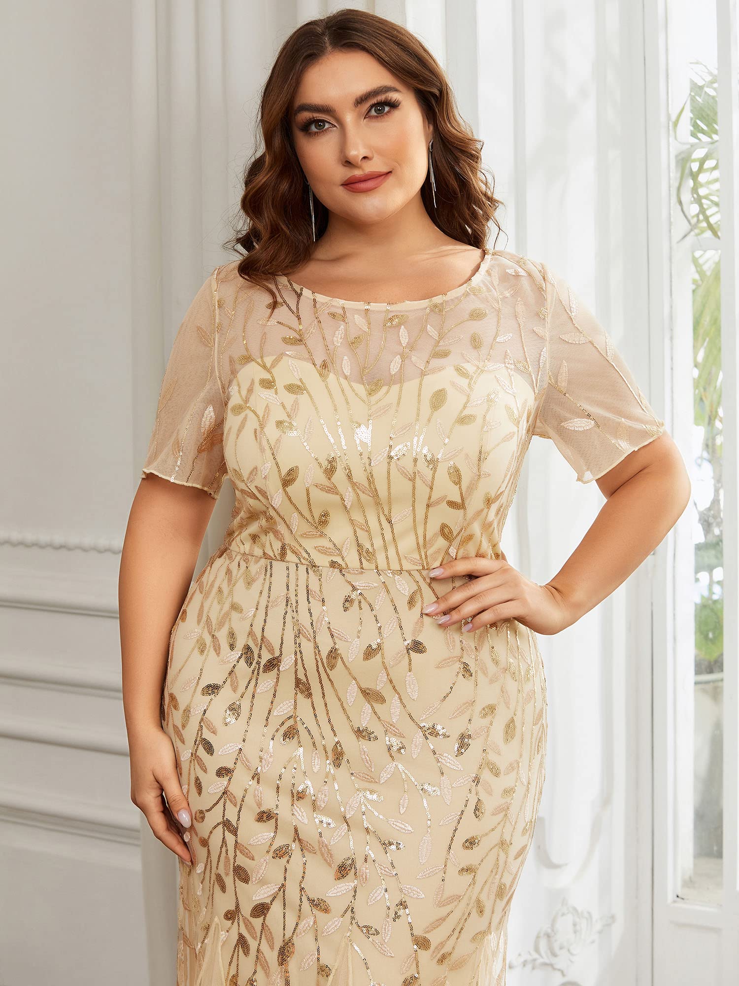 Ever-Pretty Women's Plus Size Embroidery Sequin Short Sleeve Bodycon Maxi Formal Dress 07707-PZUSA - Elegant Evening Gowns for Weddings, Prom & Special Occasions