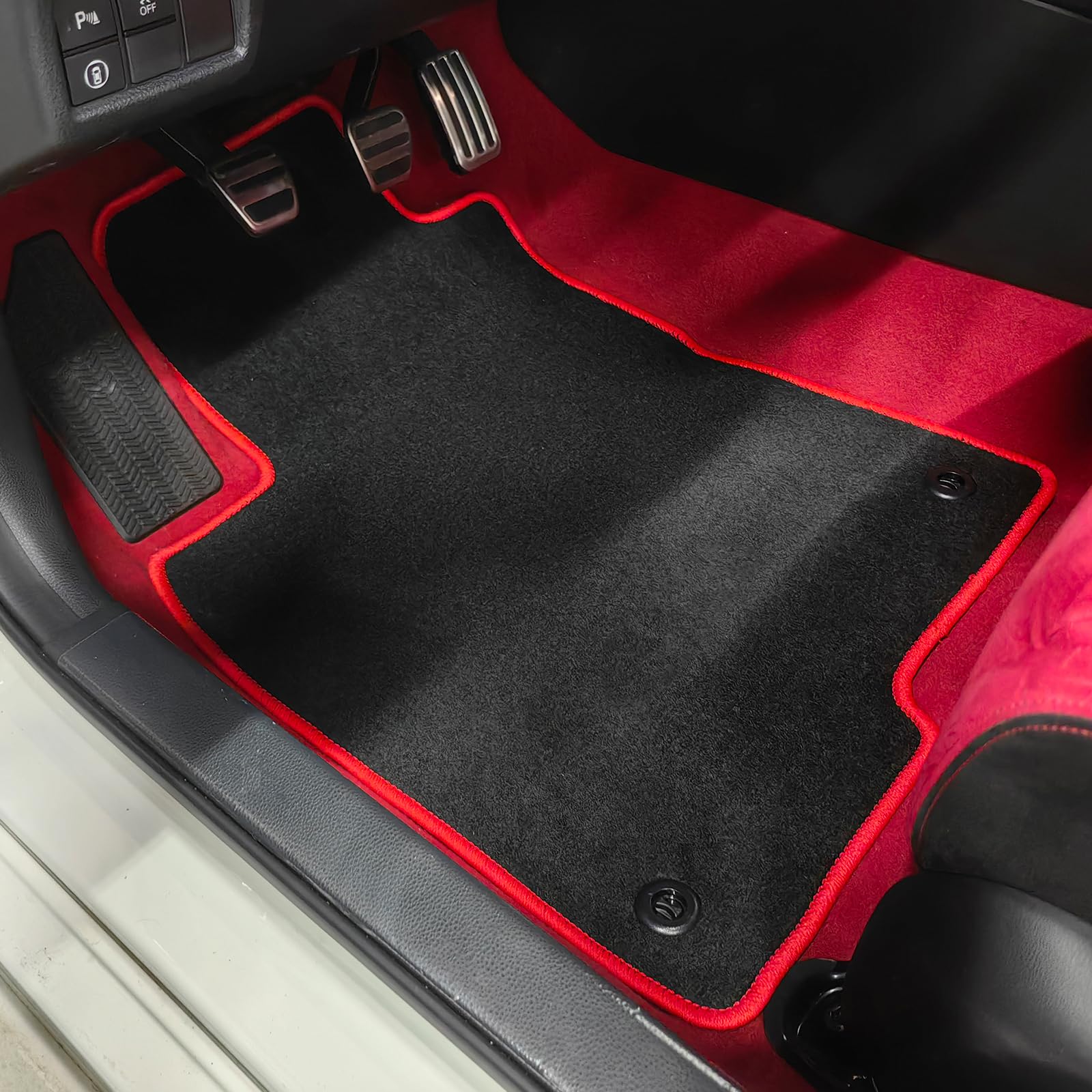 IKON MOTORSPORTS Custom Fit All-Weather Floor Mats for 2022-2024 Honda Civic Sedan & Hatchback 4-Door & Acura Integra - Black with Red Trim Heavy Duty Nylon Car Mats 4-Piece Set - Perfect for Daily Commute, Road Trips and All-Season Protection
