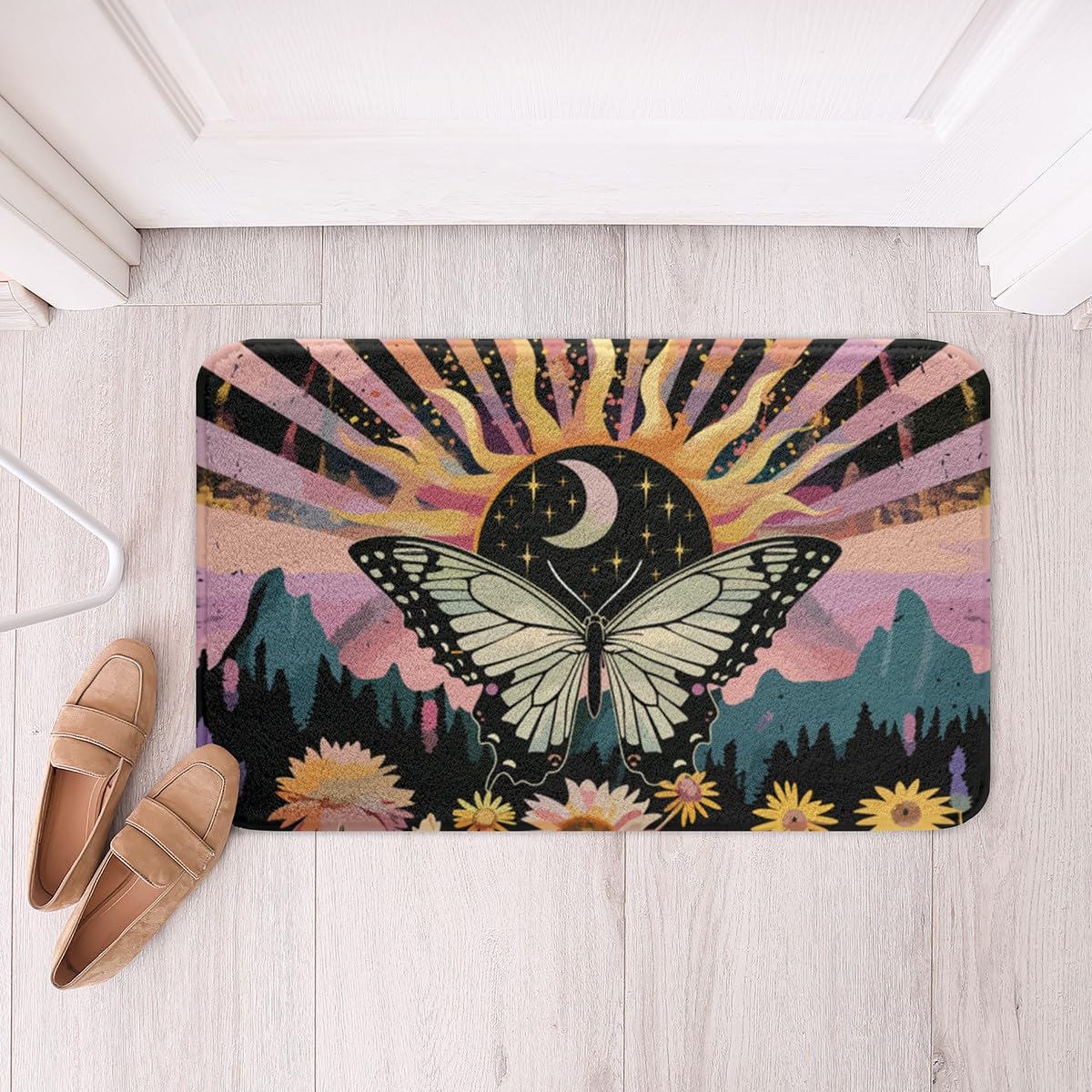 Erosebridal Bohemian Butterfly Bath Rugs - Non-Slip Hippie Yin Yang Bathroom Mats with Rainbow Geometric Striped Design (20x32 Inches) - Spiral Floor Mats for Minimalist & Boho Style Bathrooms - Perfect for Yoga Studios, Meditation Spaces & Hippie-Themed Homes