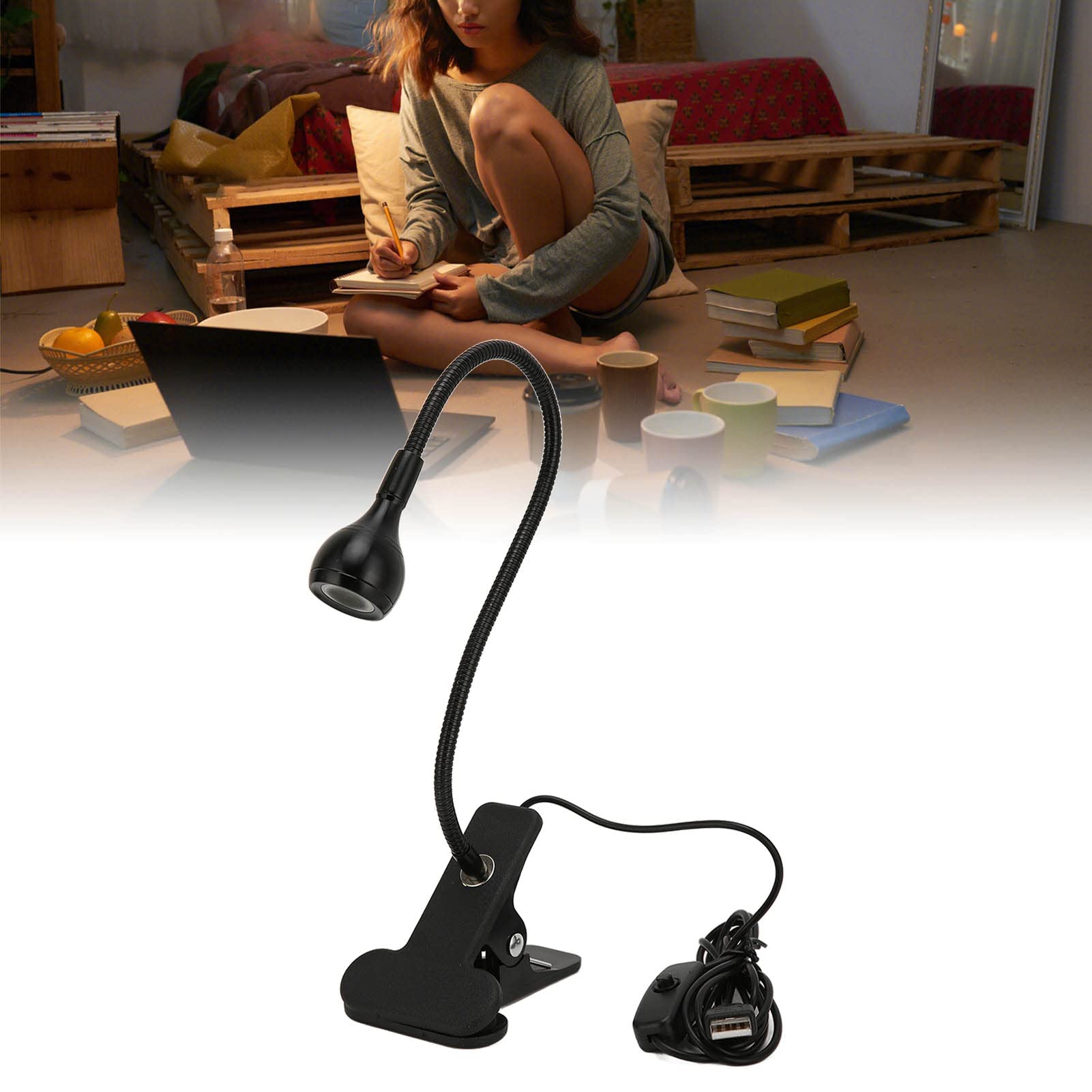 ASHATA USB Reading Lamp - Flexible Gooseneck LED Desk Light with Warm Lighting & Eye Protection, USB Clamp Book Light for Home Office, Study, Night Reading, and Work (Perfect for Bedside, Computer Desk & Bookshelf Use)