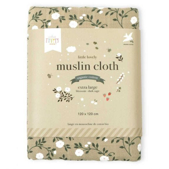 A Little Lovely Company XL Muslin Swaddle Blanket - Blossom Dark Sage | Soft Baby Swaddling & Nursing Cover for Newborns