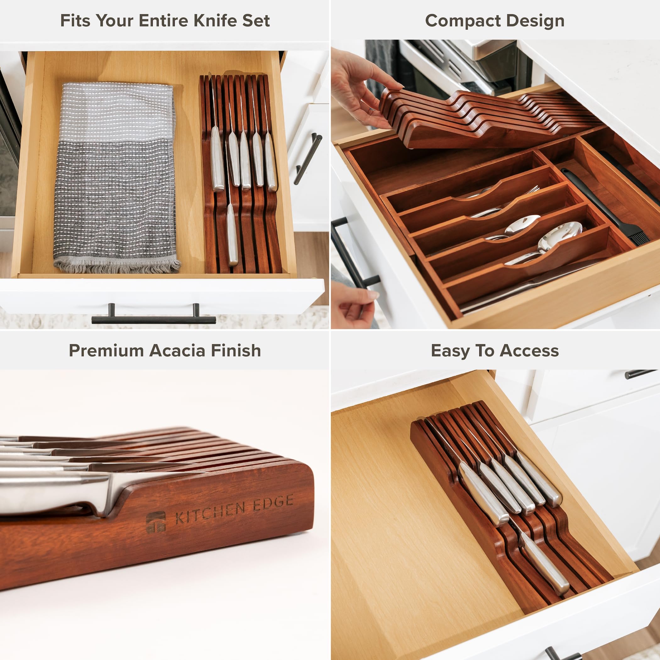 Premium Acacia Wood Knife Block Holder - Organizer for 5 Long & 6 Short Knives (Not Included), Universal Fit with Rubber Feet & Food-Safe Finish | In-Drawer Kitchen Storage for Countertop or Cabinet Use
