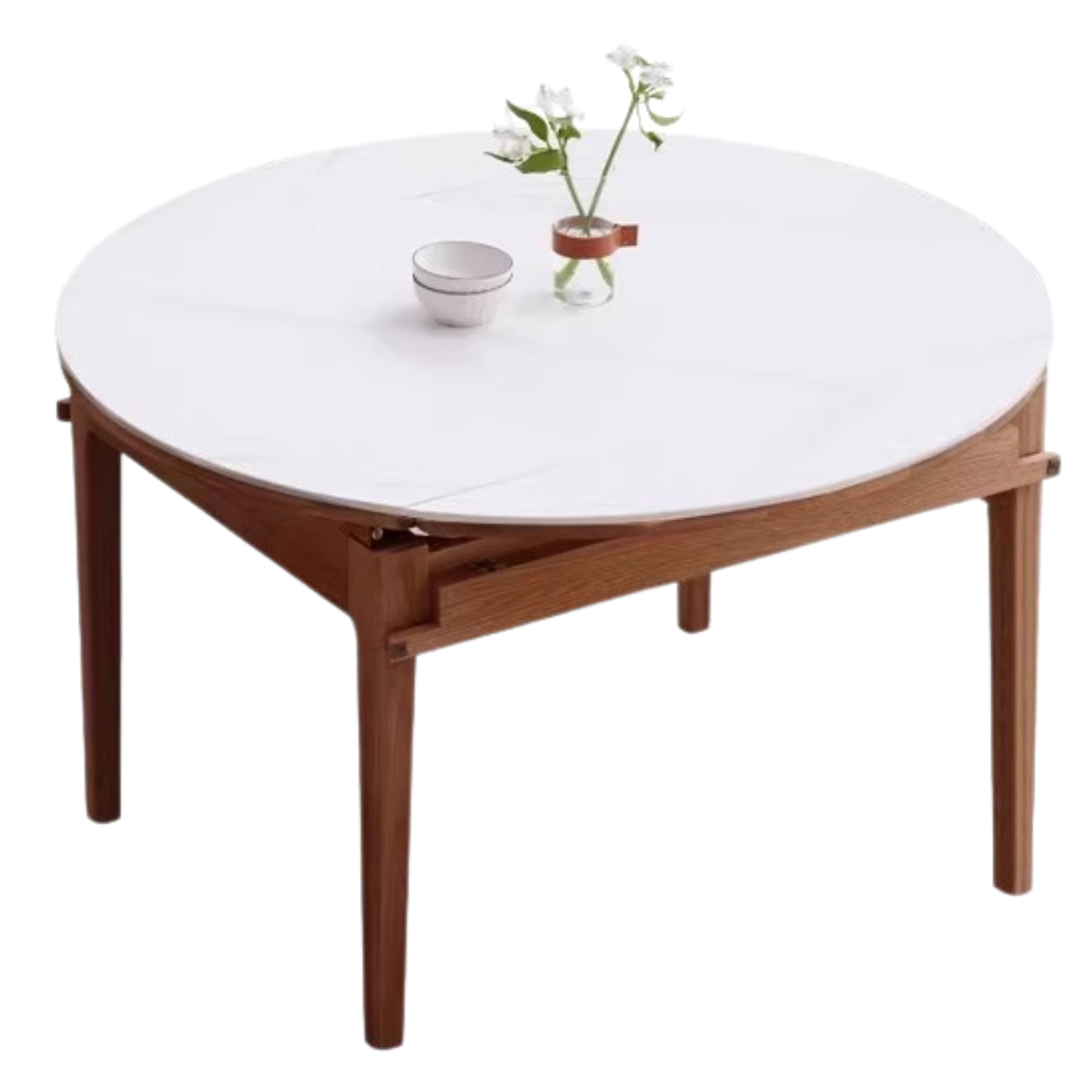 Solid Oak Round Folding Dining Table with Natural Stone Slab Top - Perfect for Small Spaces, Outdoor Dining & Home Decor