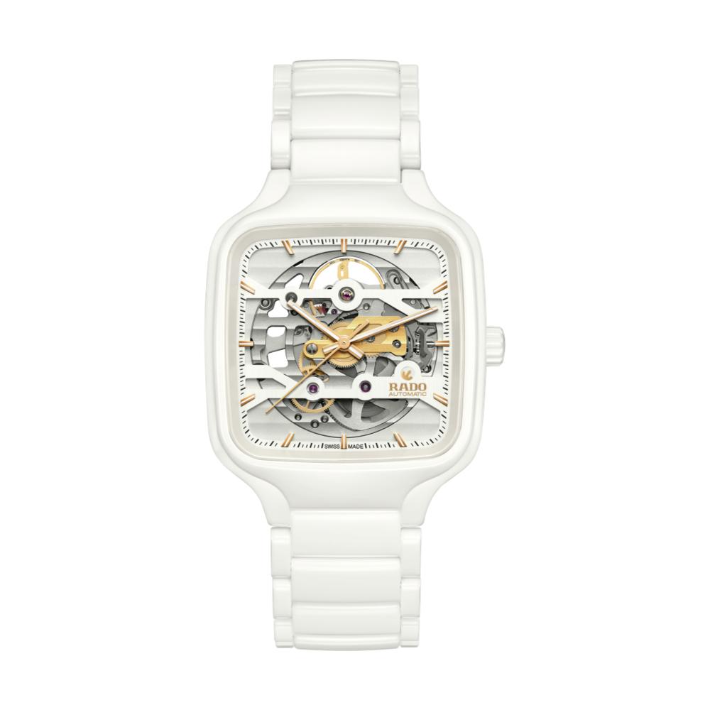 True Square Automatic Skeleton White Ceramic Watch for Men - Luxury Minimalist Dress Watch for Business, Formal Occasions & Everyday Wear