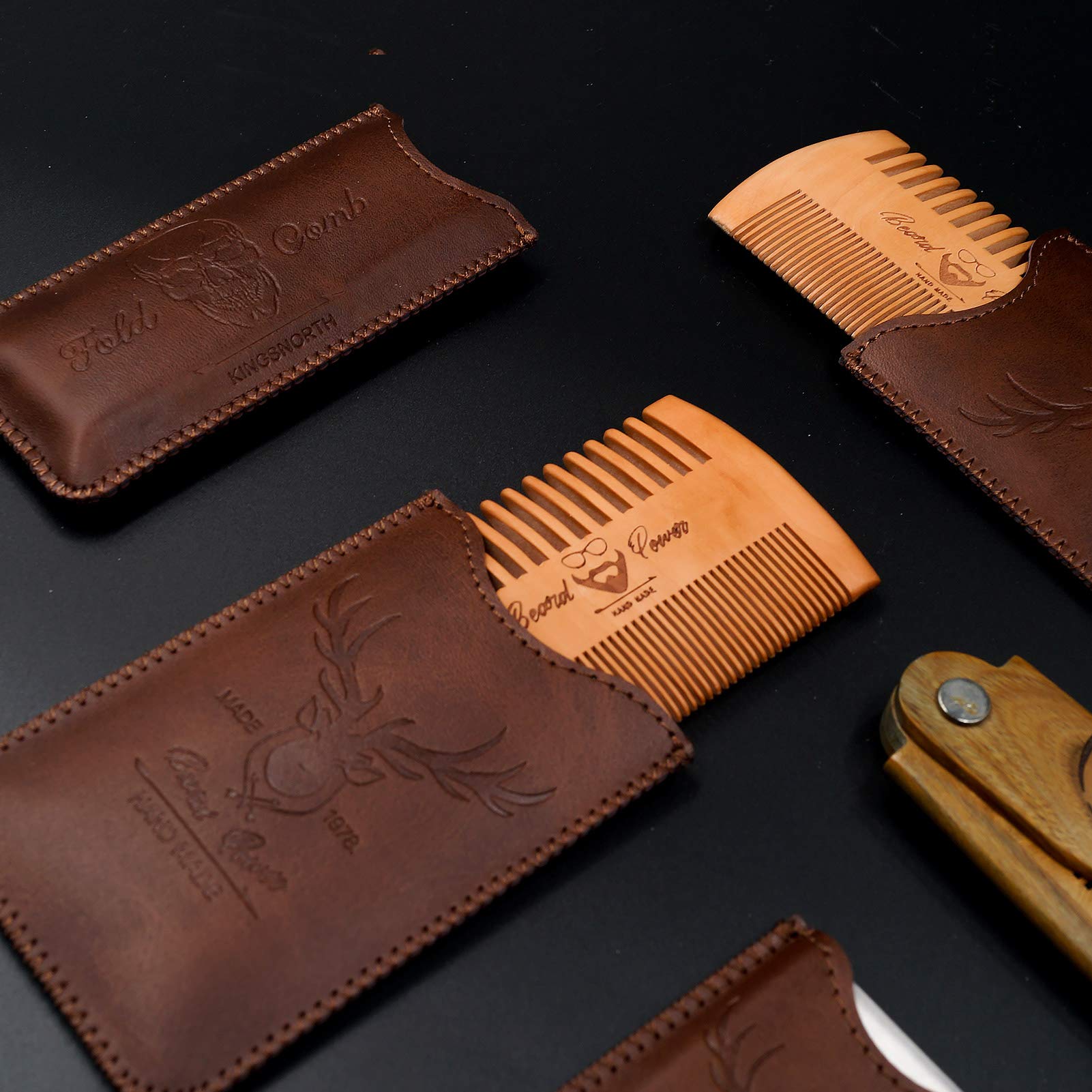 Premium Wooden Beard Comb Set - 3 Piece with Durable Travel Case for Men | Fine & Coarse Teeth for Mustache & Beard Grooming | Natural Brown Deer Design | Perfect for Daily Care & Travel Essentials