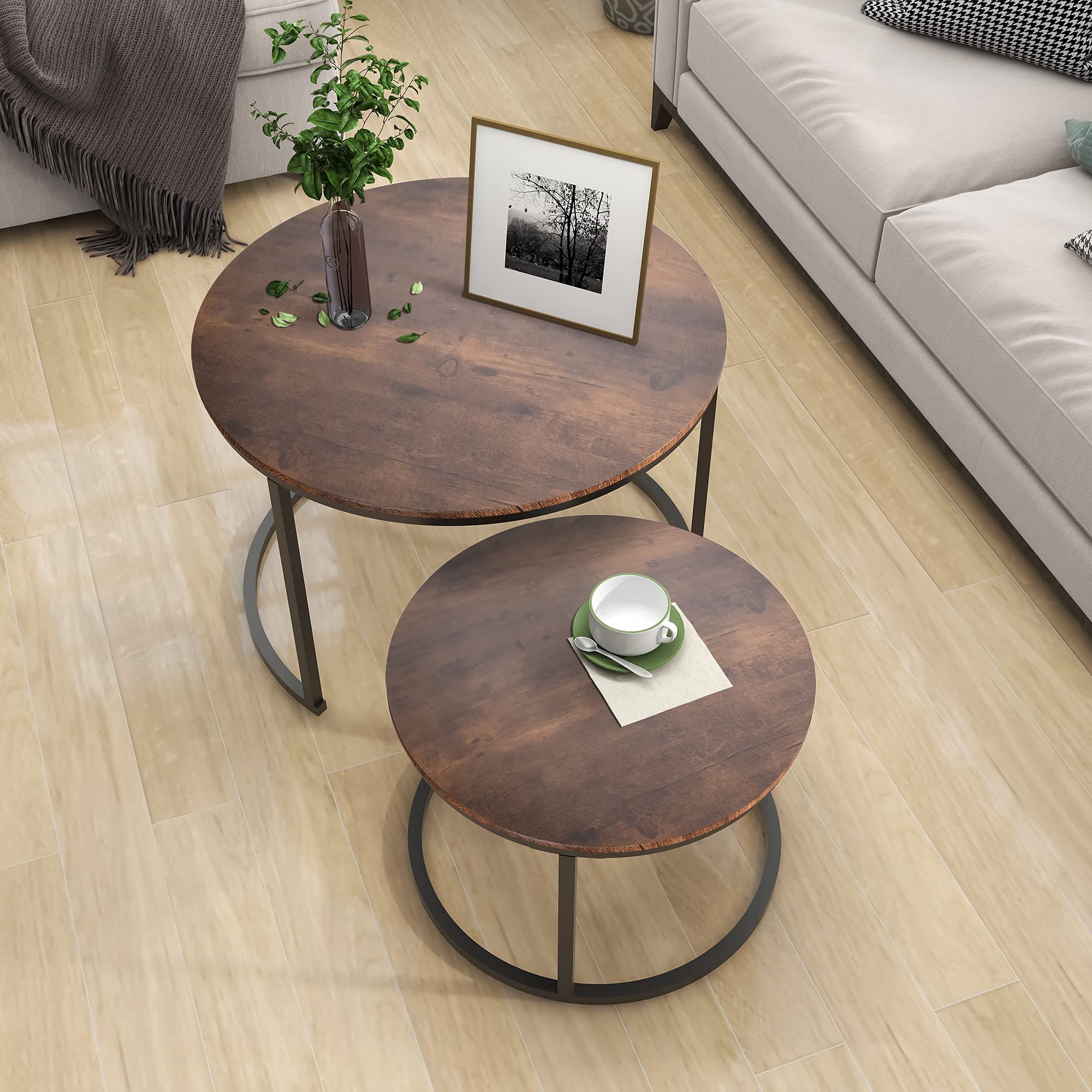 Industrial Round Coffee Table Set of 2 - Wood Look End Tables with Metal Frame for Living Room - Stackable Side Tables, Sturdy & Easy Assembly - Black & Rustic Brown - Perfect for Small Spaces, Home Decor, and Modern Interior Design