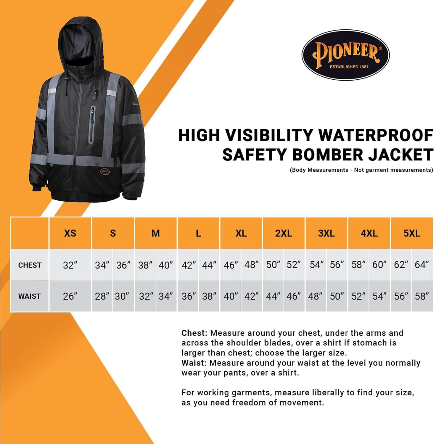 Pioneer Hi-Vis Waterproof Heated Safety Bomber Jacket for Men - Class 1 Winter Rain Gear with Reflective Tape & Detachable Hood - Ideal for Construction, Road Work & Outdoor Winter Activities