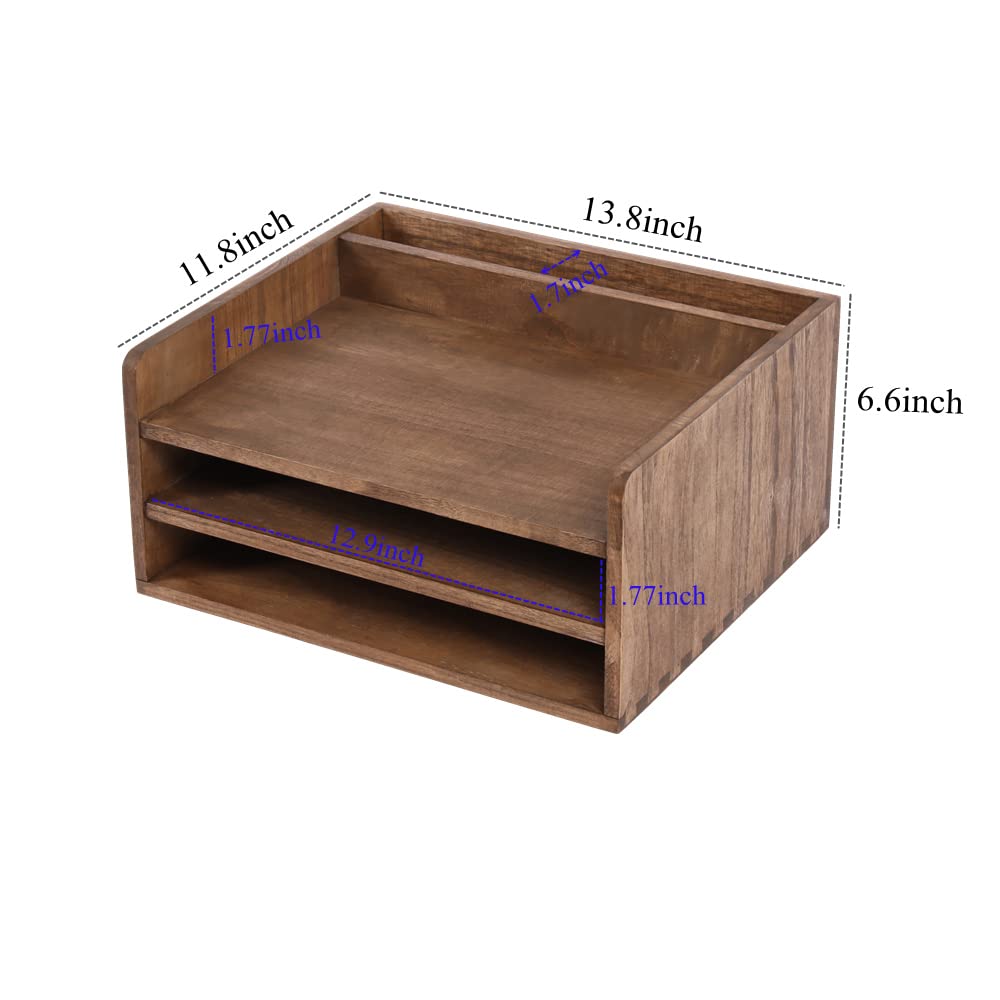 Wooden Desk Organizer with 3-Tier Paper Tray & Vertical File Compartment - Office Document Storage Rack for Files, Folders & Mail - Perfect for Home Office, Workspace & School Organization (Dark Brown)
