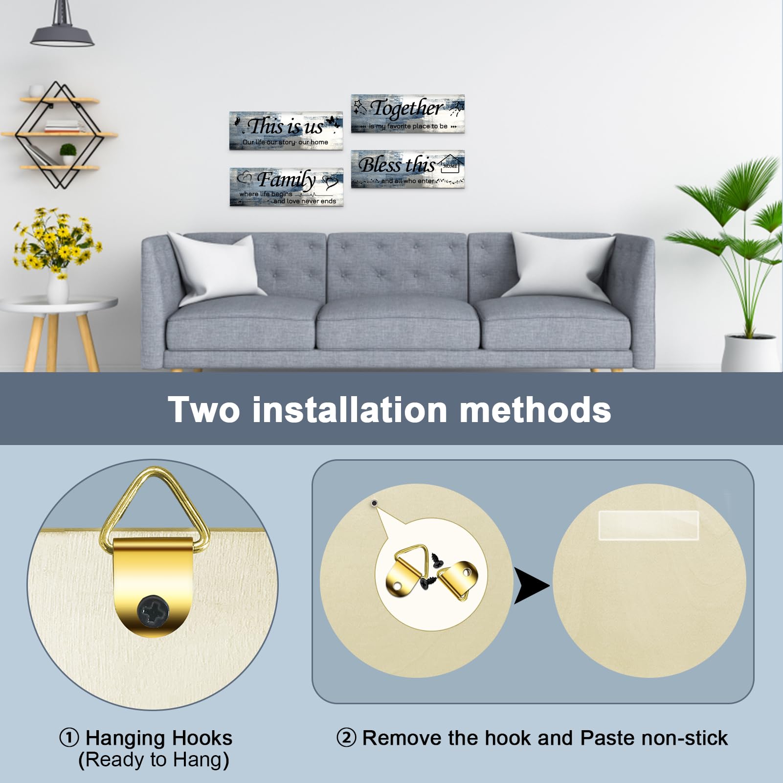 Lnond 4-Piece Blue Abstract Wall Art Set - Motivational Rustic Wooden Farmhouse Decor for Living Room & Bedroom (12x4 Inch) - Perfect for Home, Office & Gift Giving