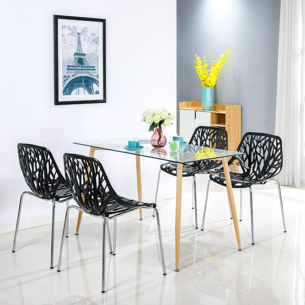 Bonnlo Modern Stackable Dining Chairs Set of 4 - Black Plastic Birch Sapling Chairs for Dining Room, Living Room, Office | Space-Saving Stackable Design Perfect for Small Spaces, Kitchens, and Multi-Purpose Rooms
