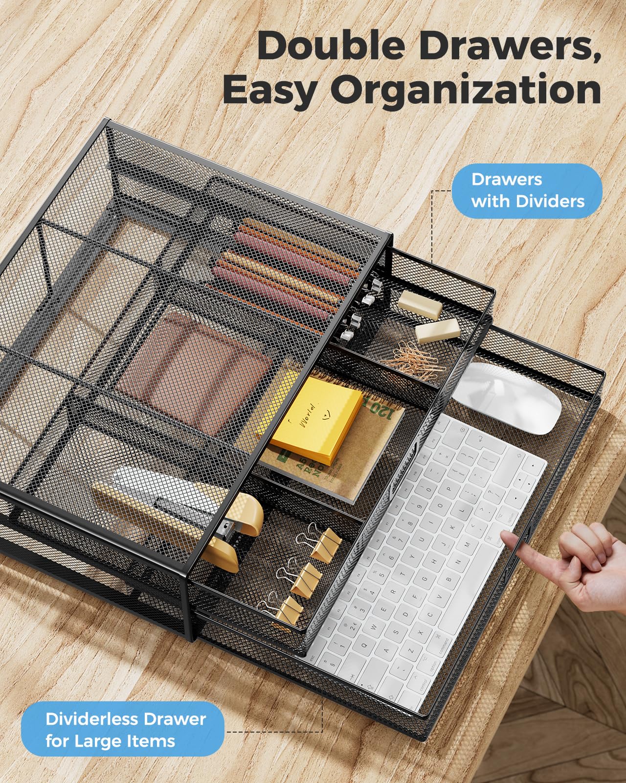 HUANUO Metal Mesh Monitor Stand with 2 Storage Drawers - Heavy Duty Desk Organizer for Laptop, Computer, Printer up to 33 lbs - Perfect for Home Office & Workspace Organization