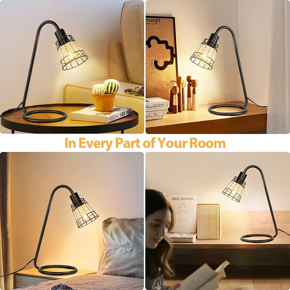 Modern LED Desk Lamp with Rattan Shade - Black Metal Industrial Table Lamp for Bedroom, Living Room, Office & Study | Adjustable Nightstand Lighting for Reading & Workspace