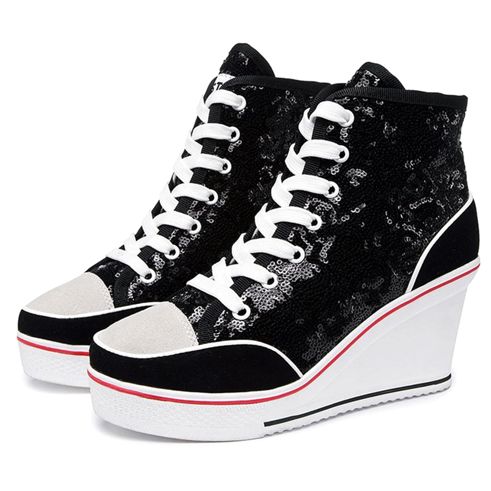 Sparkly Sequin High Top Platform Sneakers for Women - Glitter Lace Up Wedge Wedding Dressy Tennis Shoes | Perfect for Parties, Prom, and Casual Wear