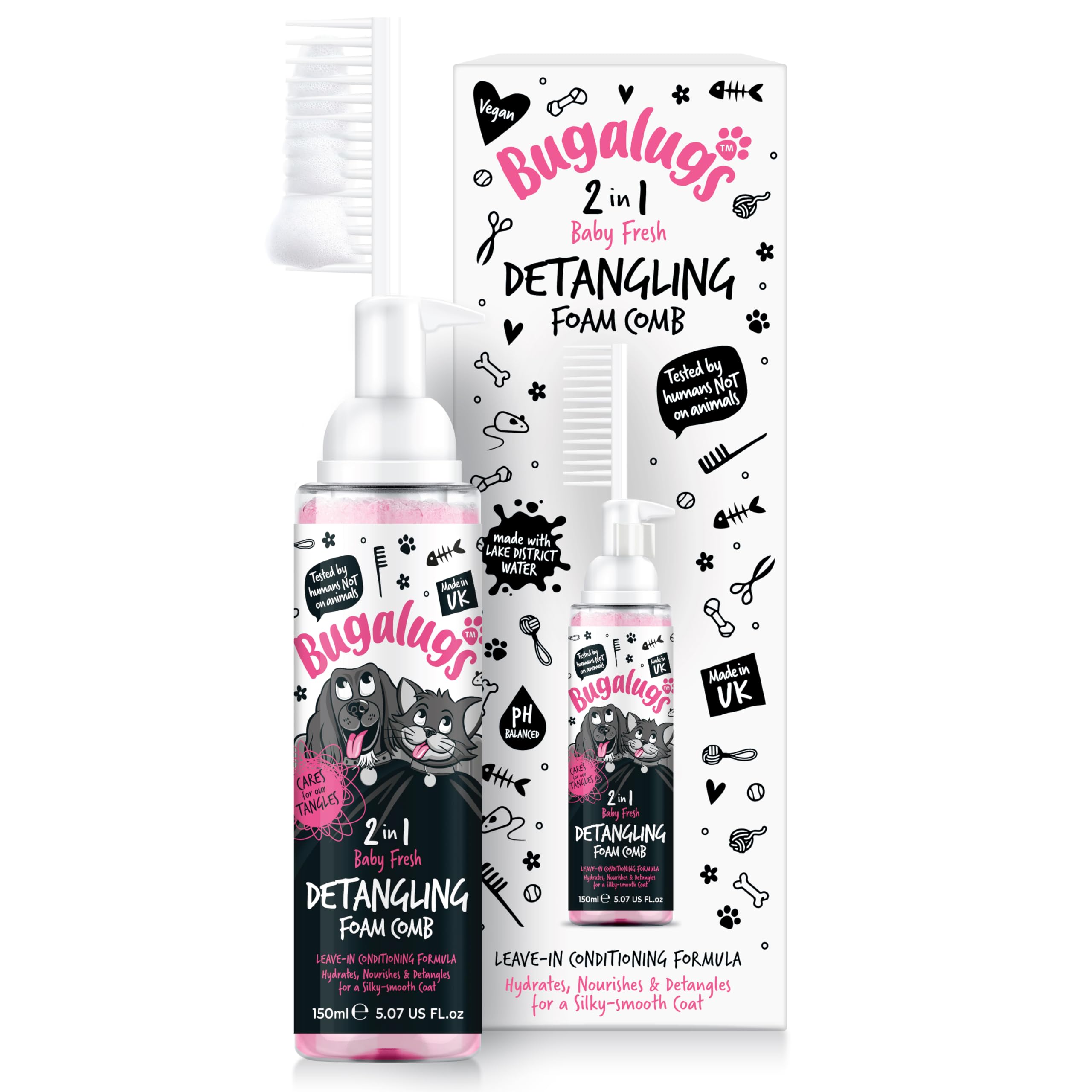 Bugalugs Pet Detangler Foam Comb - Leave-In Conditioner Spray for Dog Grooming, Detangling & Knot Removal with Wheat Protein (Baby Fresh Scent) - Perfect for Daily Coat Care & Professional Grooming Sessions