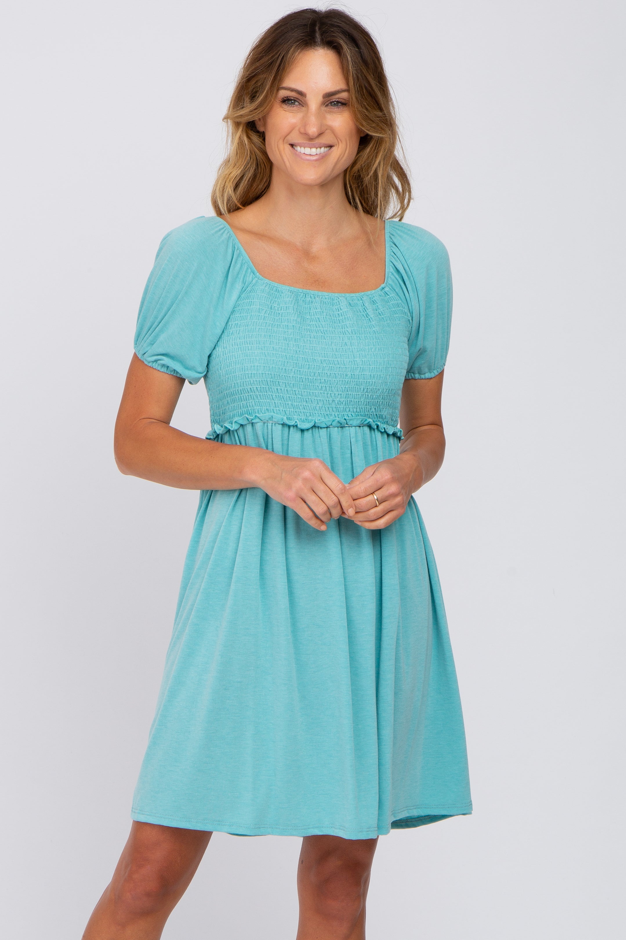Aqua Blue Smocked Summer Dress for Women - Flowy Midi Dress with Elastic Waist, Perfect for Beach, Vacation & Casual Outings