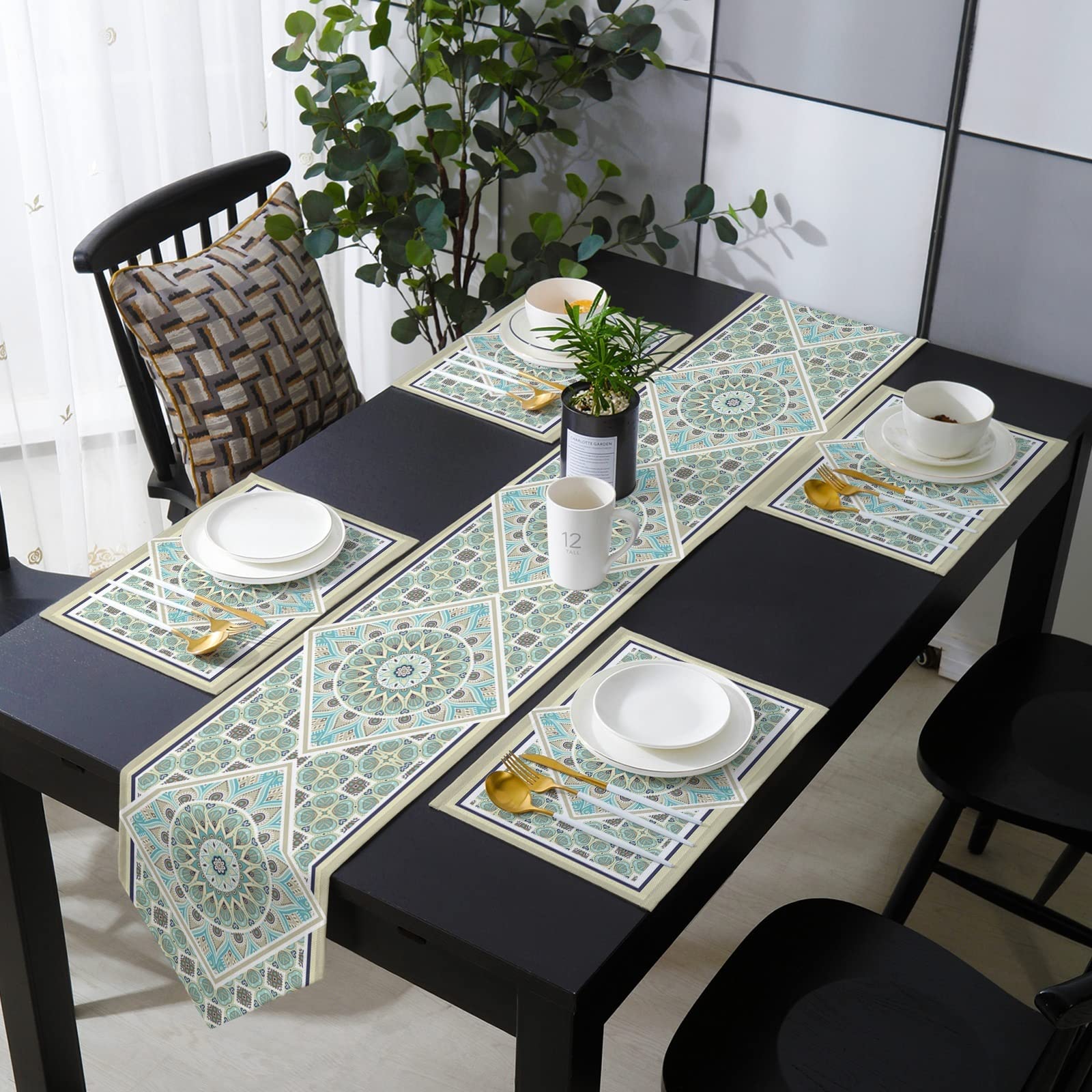 ZAKSEM Christmas Embroidered Floral Table Runner Set - Mandala Geometric Gradient Design Placemats for Dining Table, Home & Wedding Decor | Perfect for Holiday Parties, Dinner Settings & Special Occasions