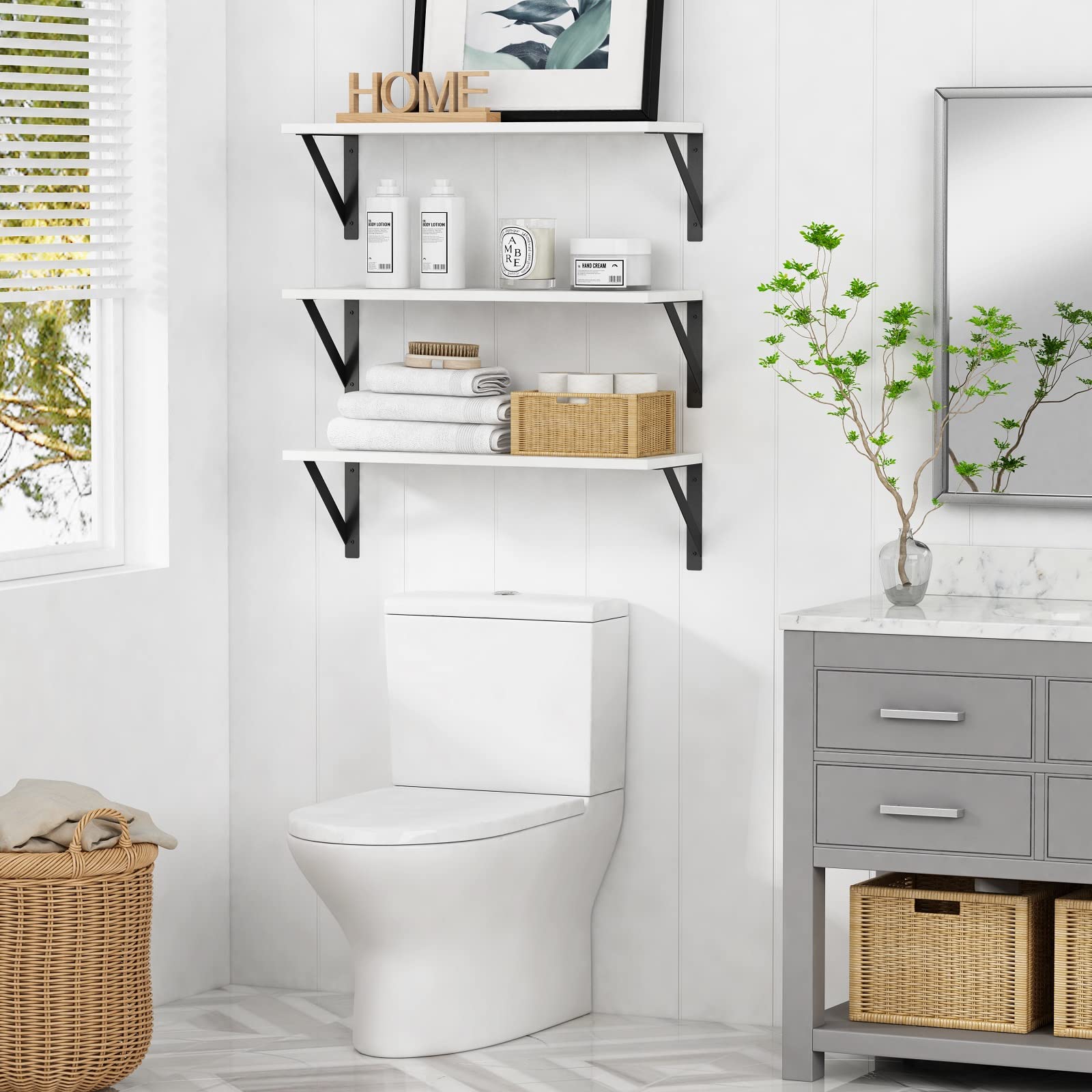 White Floating Shelves 24 Inches - Set of 3 Modern Wood Wall Mounted Storage Shelves (24x8 Inch) for Bathroom, Bedroom, Living Room, Kitchen, Office & Closet - Perfect for Towels, Books, Decor & Organizing Small Spaces