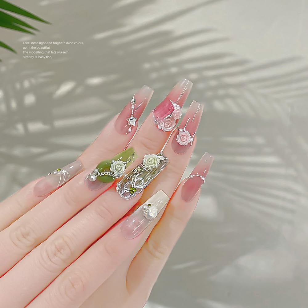 100PCS 3D Flower Nail Charms - Red Pink Purple Green Resin Acrylic Rose Nail Art Decorations for DIY Manicure | Spring & Mother's Day Nail Design for Women & Girls | Perfect for Parties, Weddings, and Special Occasions
