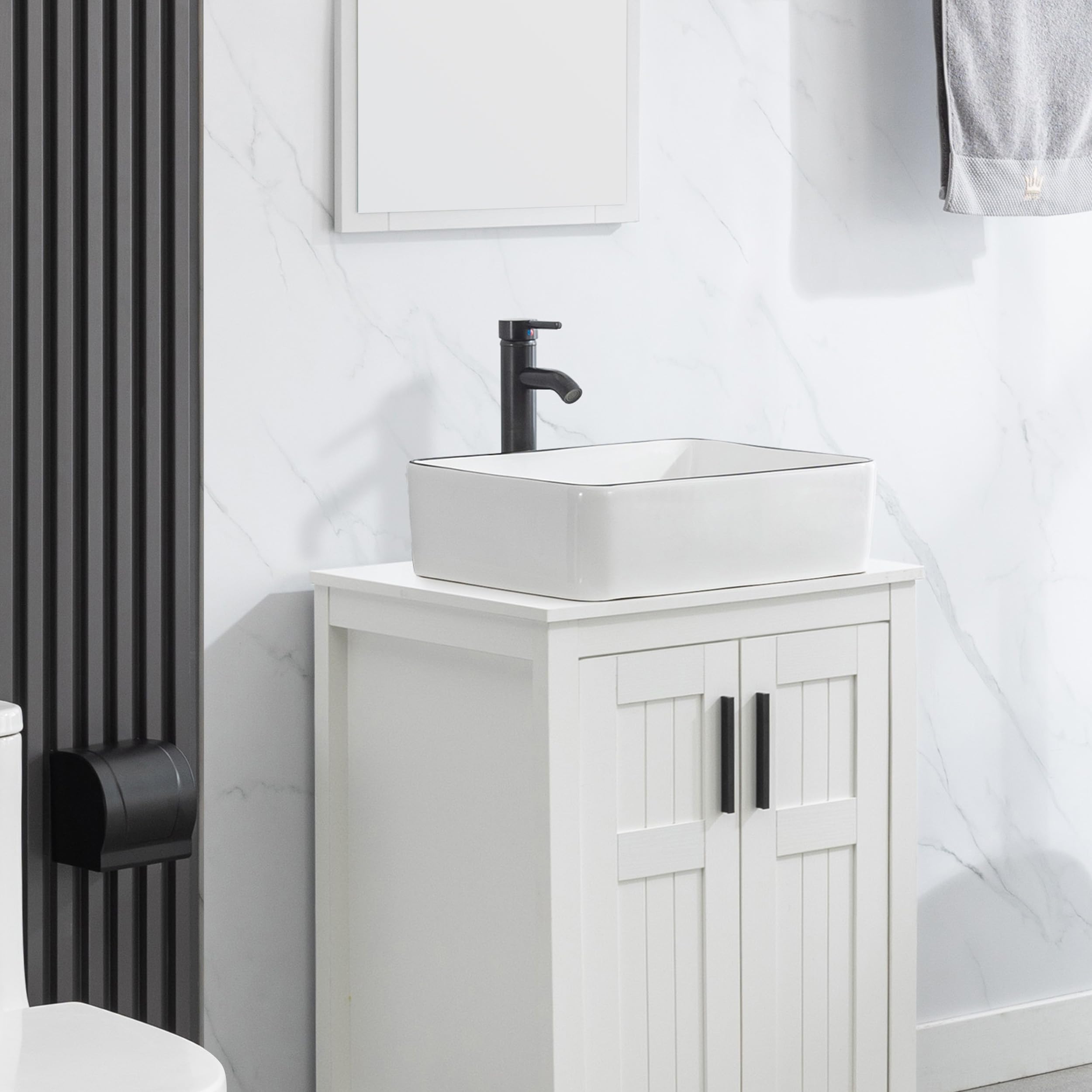 Eclife Classic White Ceramic Vessel Sink with Black Decor Line - Porcelain Bathroom Sink & Faucet Combo for Vanity Countertop, Includes ORB Pop-Up Drain (T03BK) - Perfect for Modern Bathroom Renovations and Powder Room Upgrades