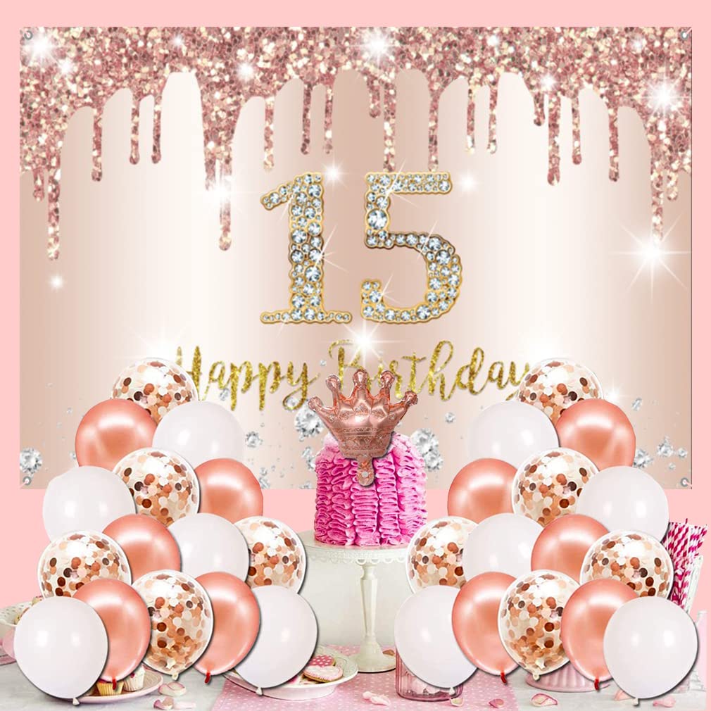 15th Birthday Decorations for Girls - Rose Gold Fabric Backdrop Banner, 59