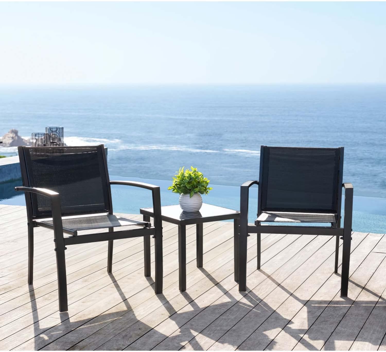 JUMMICO 3-Piece Outdoor Patio Furniture Set - Textilene Chairs & Coffee Table, Modern Bistro Conversation Set for Lawn, Garden, Balcony, Poolside, Porch (Black) | Perfect for Relaxing, Entertaining & Outdoor Dining