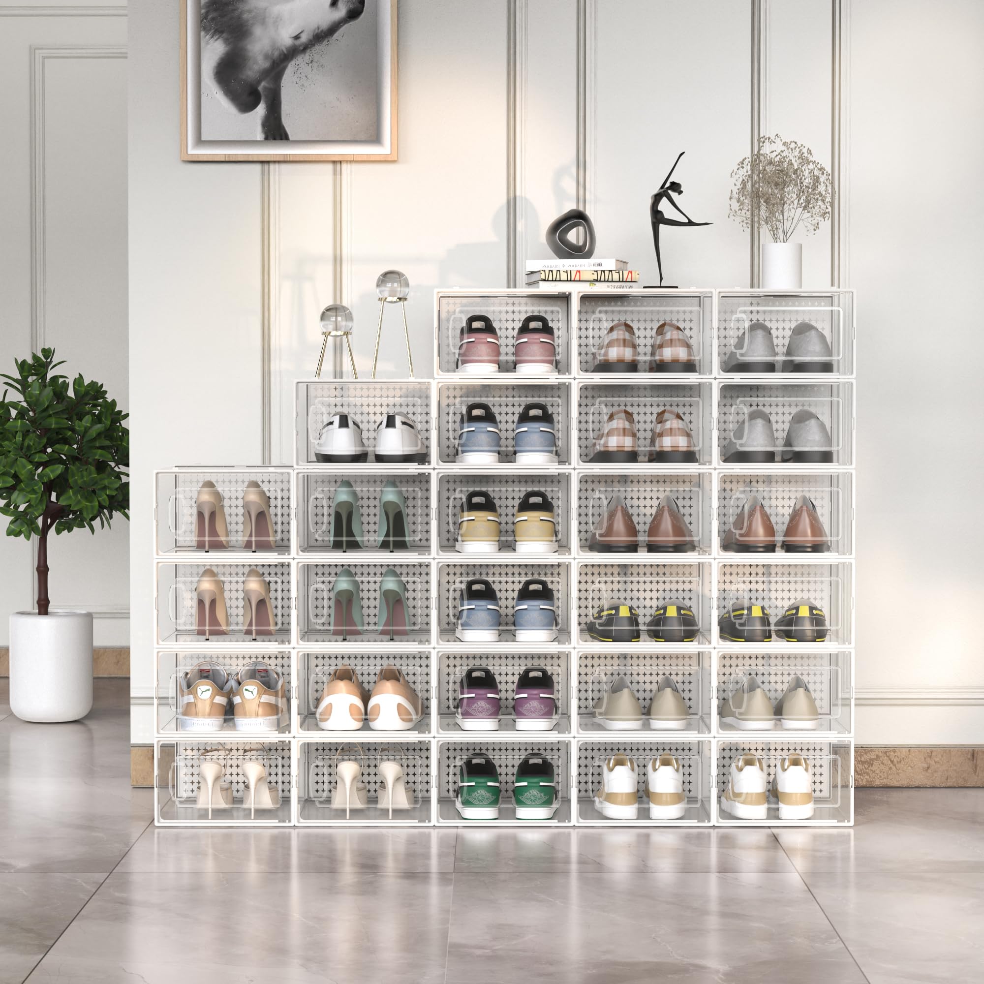 12 Pack Clear Plastic Shoe Storage Box Organizer - Stackable Sneaker Shoe Rack Containers for Closet, Portable Shoe Bins & Holders - Perfect for Bedroom, Walk-in Closet, Dorm Room Organization (White)