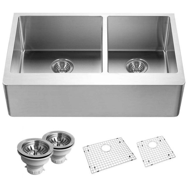 Houzer Epicure Series 33-Inch Apron Front 60/40 Double Bowl Stainless Steel Kitchen Sink with Right Drain - Perfect for Farmhouse Style Kitchens and Busy Home Chefs