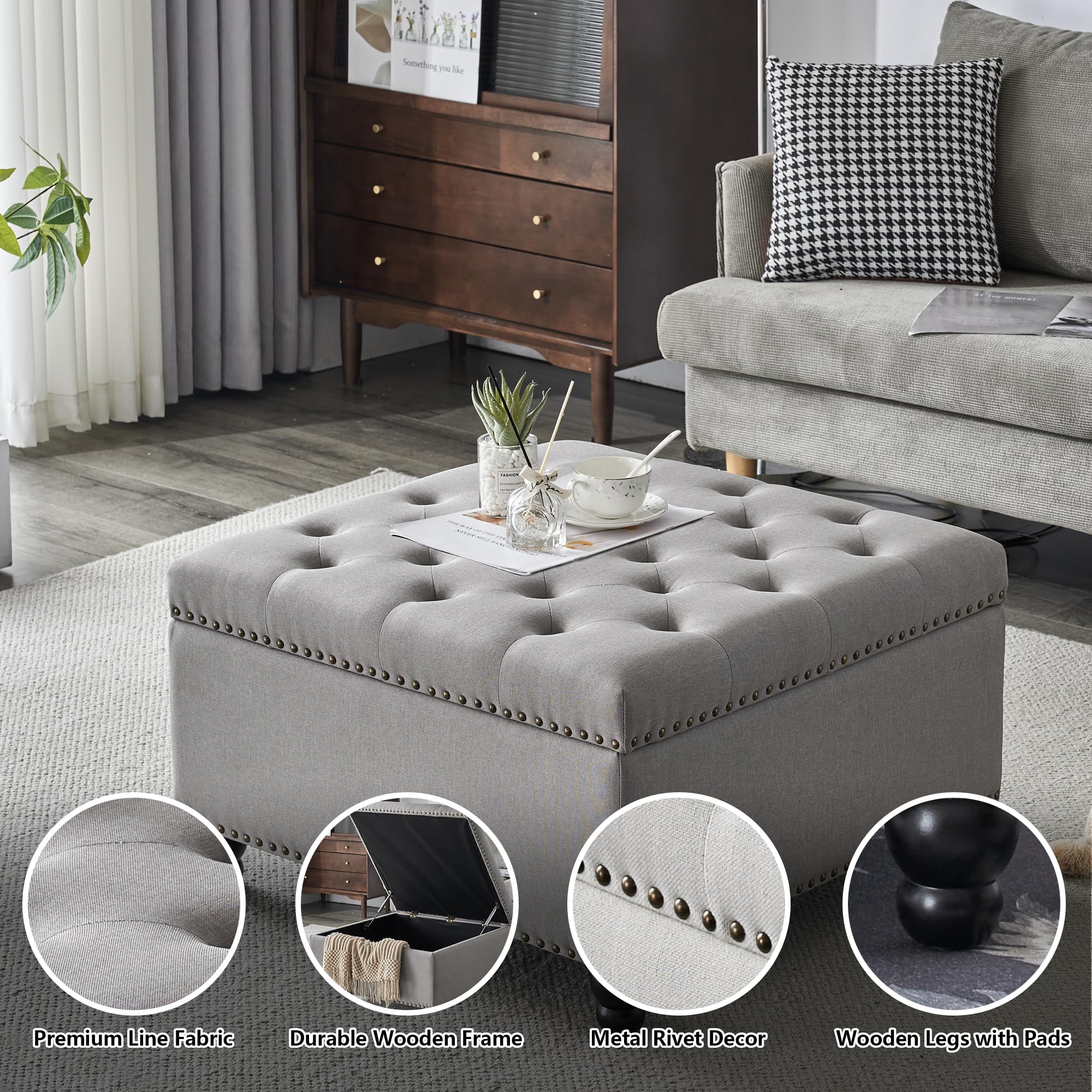 Square Storage Ottoman Bench - Oversized Coffee Table Ottoman with Hidden Storage for Living Room | Perfect for Extra Seating, Footrest & Home Organization