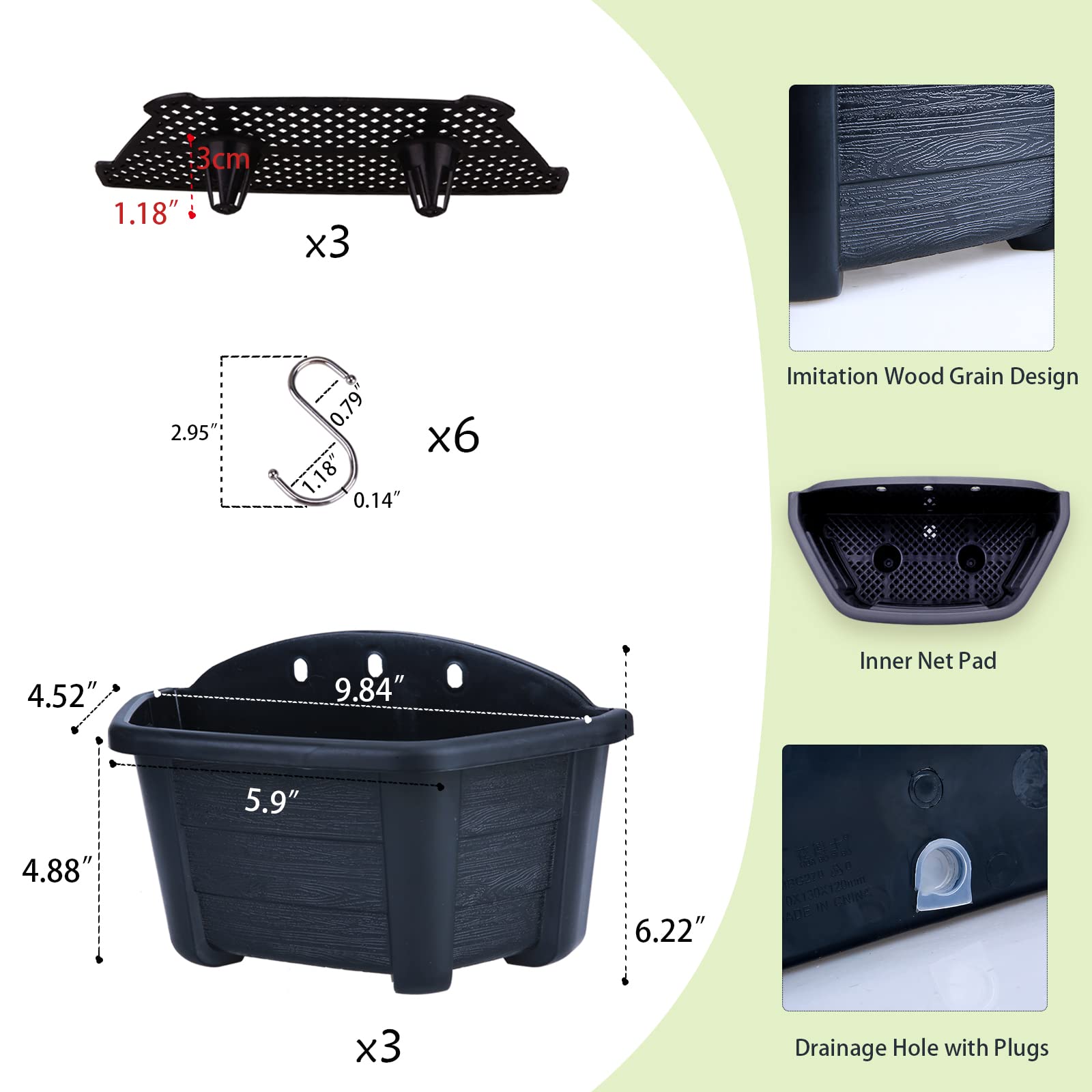 3 Pack 9.84” Black Plastic Hanging Flower Pots for Balcony, Fence & Railing - Outdoor/Indoor Wall Planters for Window Box Garden Decor - Perfect for Summer Flowers, Herbs & Succulents