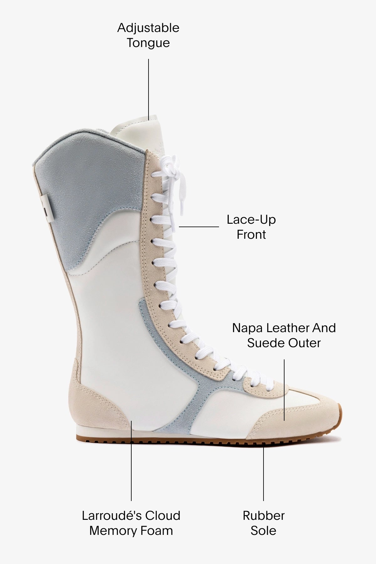 Larroudé x Jonathan Cohen White Leather Flat Lo Sneaker Boot with Maya and Mushroom Grey Suede - Stylish Casual Shoes for Women, Perfect for Everyday Wear, Office, and Weekend Outings