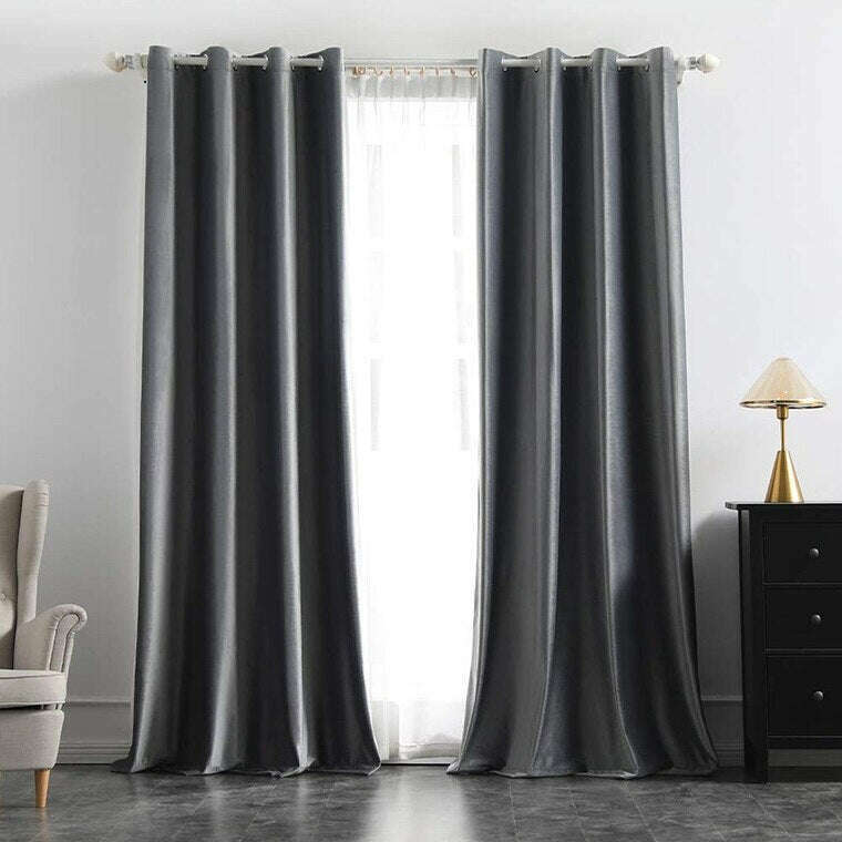 Brittany Velvet Plain Curtains in Gray - Blackout Window Drapes for Living Room & Bedroom - Soft Thermal Insulated Panels for Home Decor