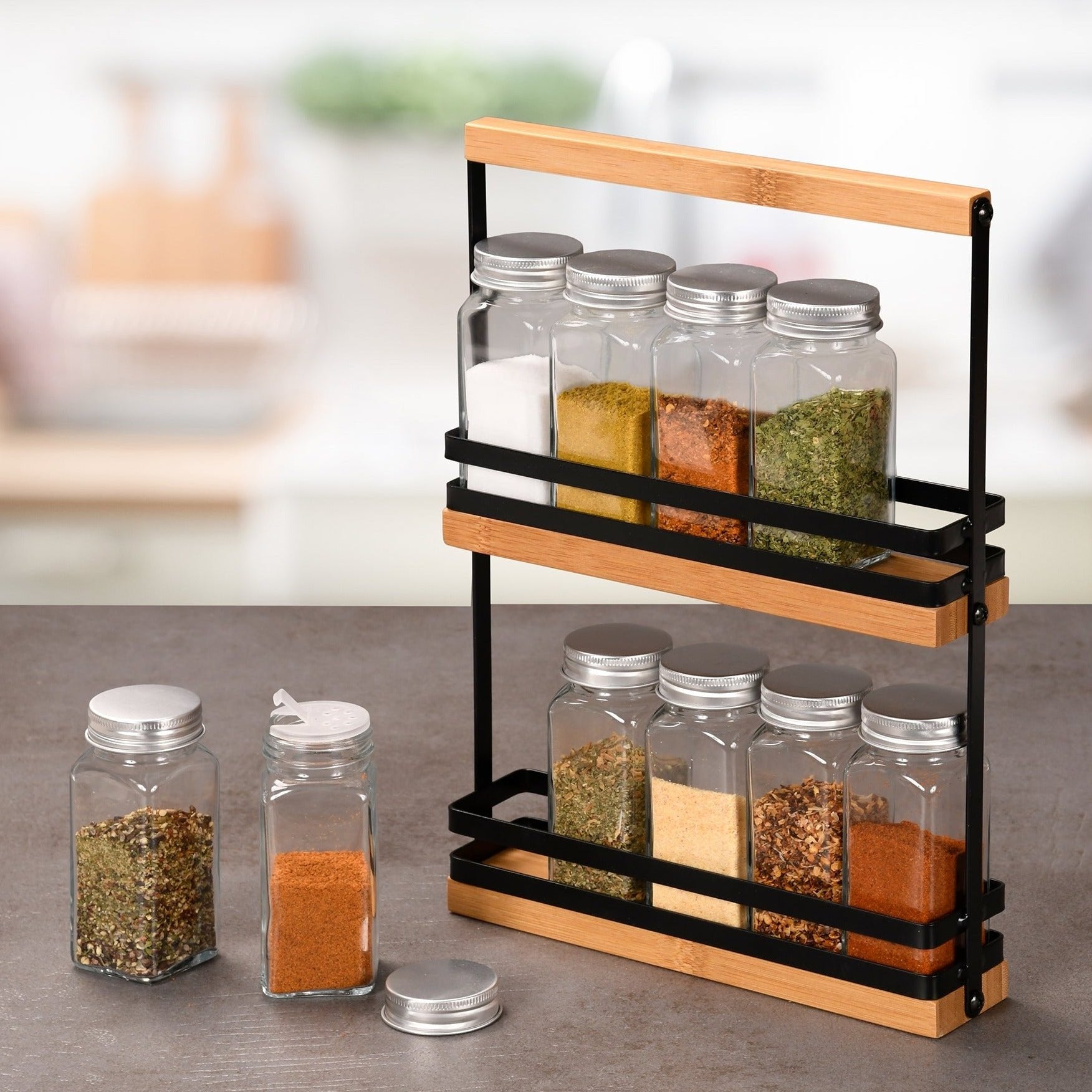 Premium Bamboo Spice Rack Organizer with 10 Glass Jars - Perfect for Kitchen Countertop, Pantry & Cabinet Storage Organization