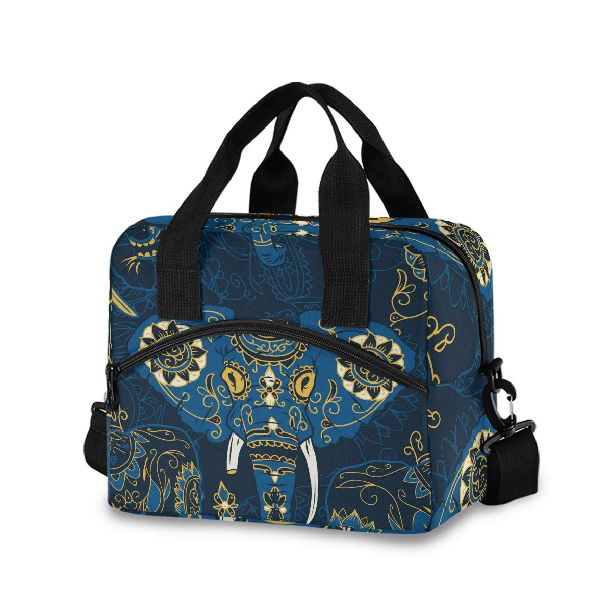 OREZI Insulated Lunch Bag for Women & Girls - Indian Elephant Floral Skull Design with Detachable Shoulder Strap, Leakproof Lunch Box for School, Office, Picnics & Outdoor Activities